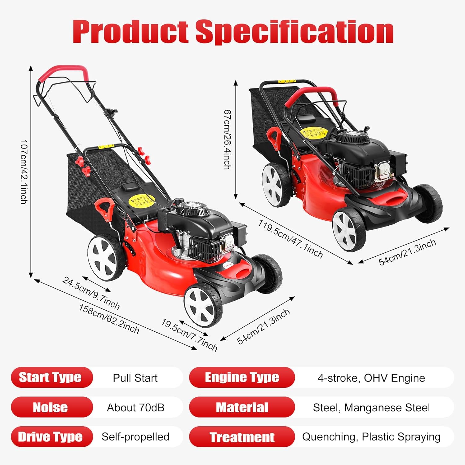 5HP Self-Propelled Gas Lawn Mower 20-Inch 140cc OHV Engine 3-in-1 Gas Mower, & 8-Position Height Adjustment, 60L Large Grass Bag, Ideal for Medium to Large Yards