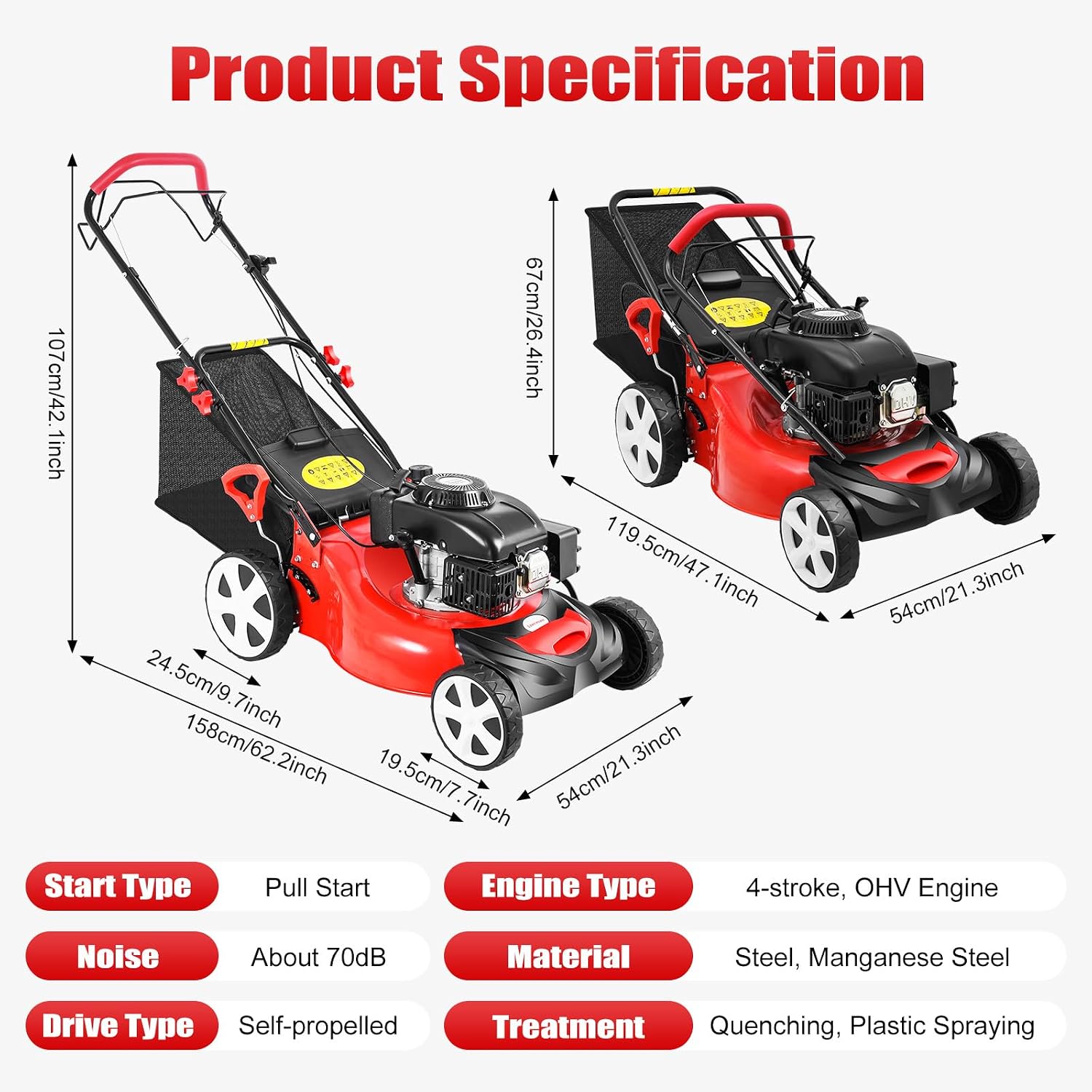 20' Gas Lawn Mower, 5HP 140CC Self-Propelled Gas Powered Lawn Mower, 4-Stroke Walk-Behind Push Lawn Mower with Bagging, 8 Adjustable Heights, for Garden, Yard| US Stock