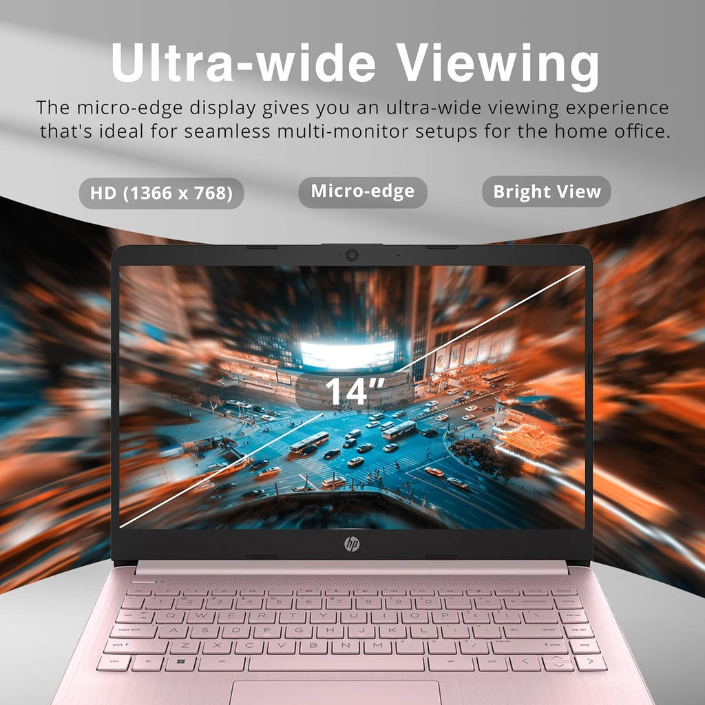 HP New 14' HD Ultra Light Thin Laptop, Quad-Core Intel Celeron Processor, 16GB RAM, 320GB (64GB eMMC+ 256GB Card), Wi-Fi, Upto 11 Hours, Windows 11 S + 1 Year Office 365+HubxcelAccessory, Pink