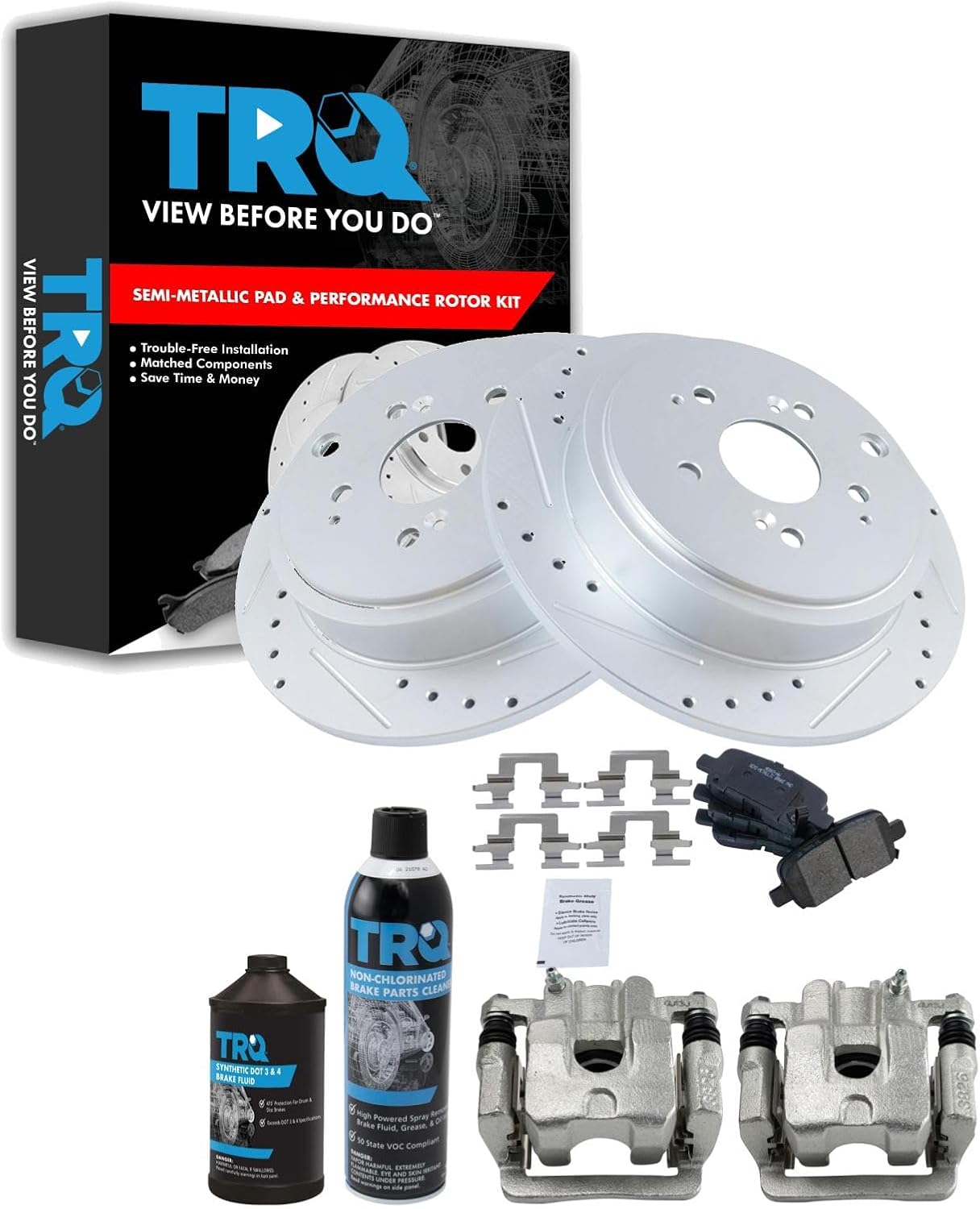 TRQ Rear Performance Brake Pad, Caliper, & Rotor Kit, with Chemical Kit Semi-Metallic Premium G-Coated Compatible with 2001-2006 Acura MDX 2003-2008 Honda Pilot