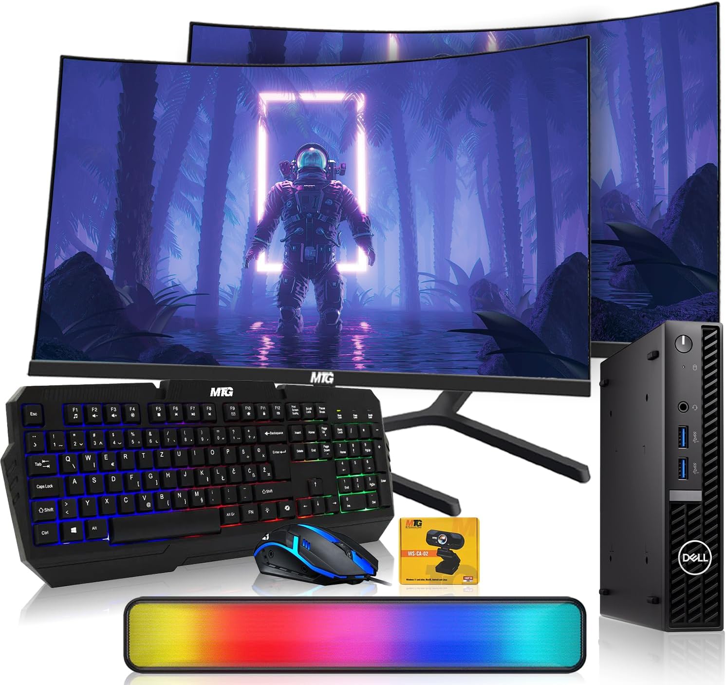 Dell Optiplex Tiny Mini Desktop PC, Core i5, 16GB RAM, 1TB SSD with Dual 32 inch Curved Monitor, AI Enabled RGB Keyboard Mouse, RGB Soundbar and Webcam Windows 11 Pro (Renewed)