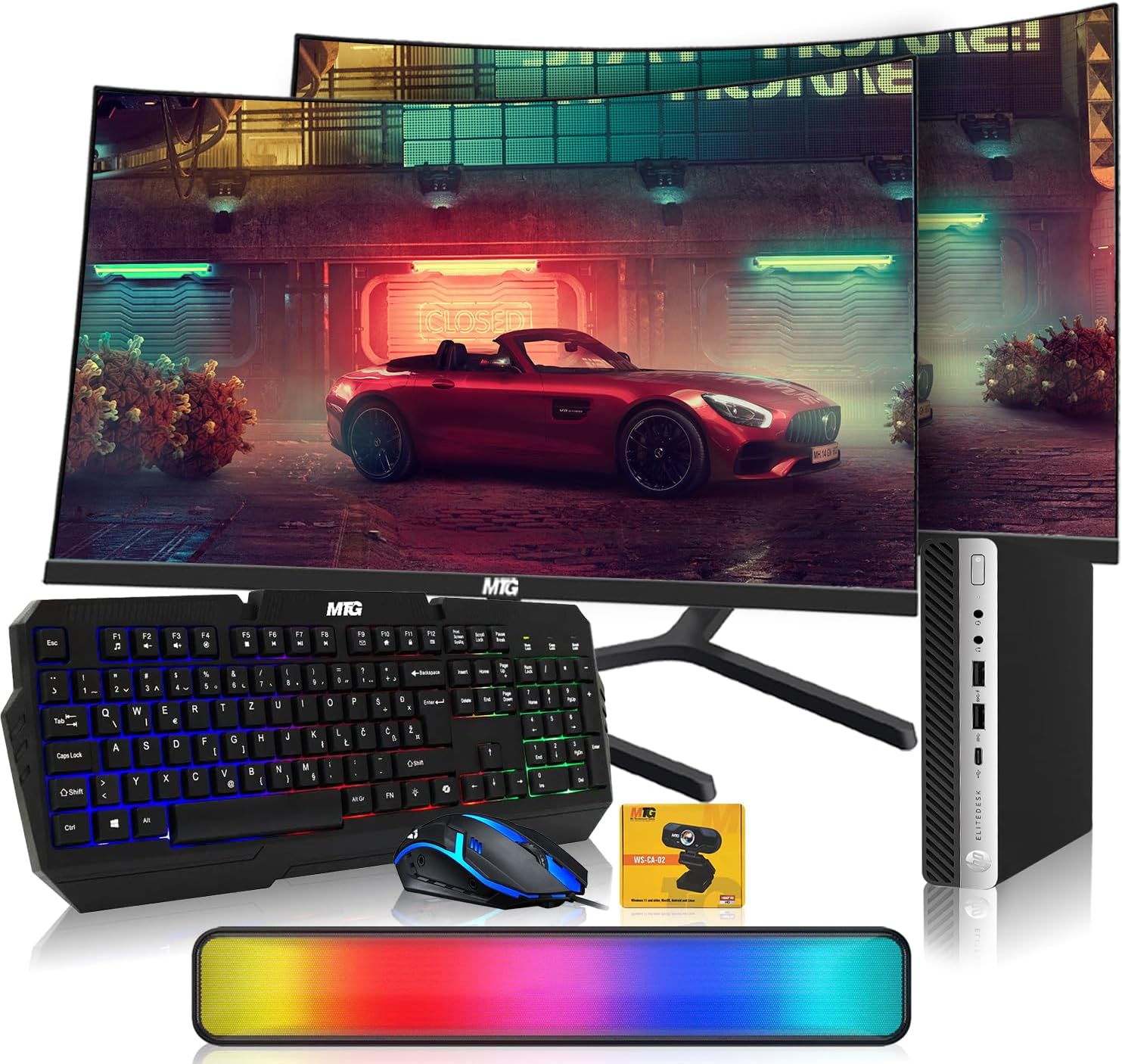HP G3 Tiny Mini Desktop PC, Intel Core i5, 16GB RAM, 1TB SSD with Dual 27 inch Curved Monitor, AI Enabled RGB Keyboard Mouse, RGB Soundbar and Webcam Windows 11 (Renewed)