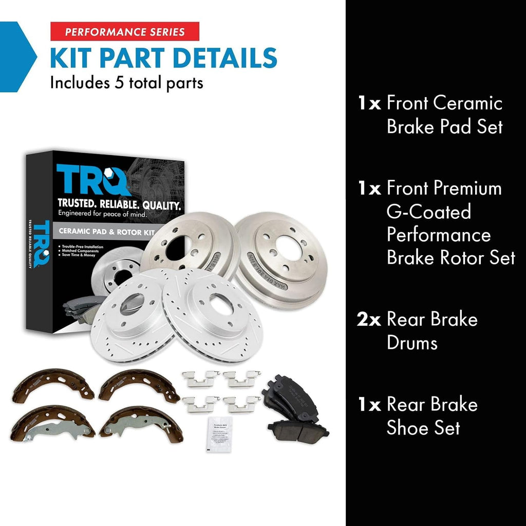 TRQ Performance Front Rear Brake Pad Rotor Shoe Drum Kit Ceramic Slotted Drilled G-Coated 10.16 in for 2011-2016 Ford Fiesta
