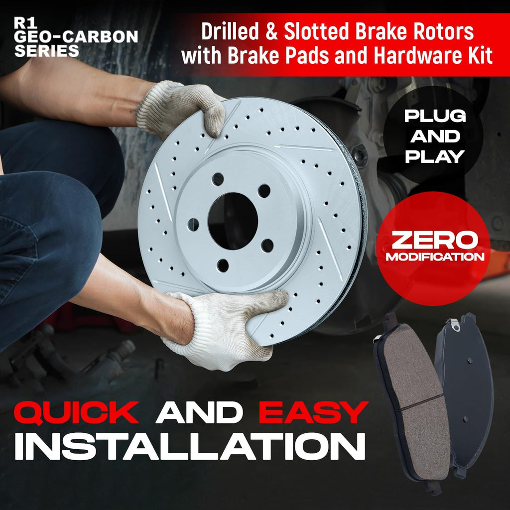 R1 Concepts Front Brake Kit Fits 2011-2019 Ford Fiesta| Performance Sport Pads, Drilled Slotted Rotors| Hardware| 10.2' Front