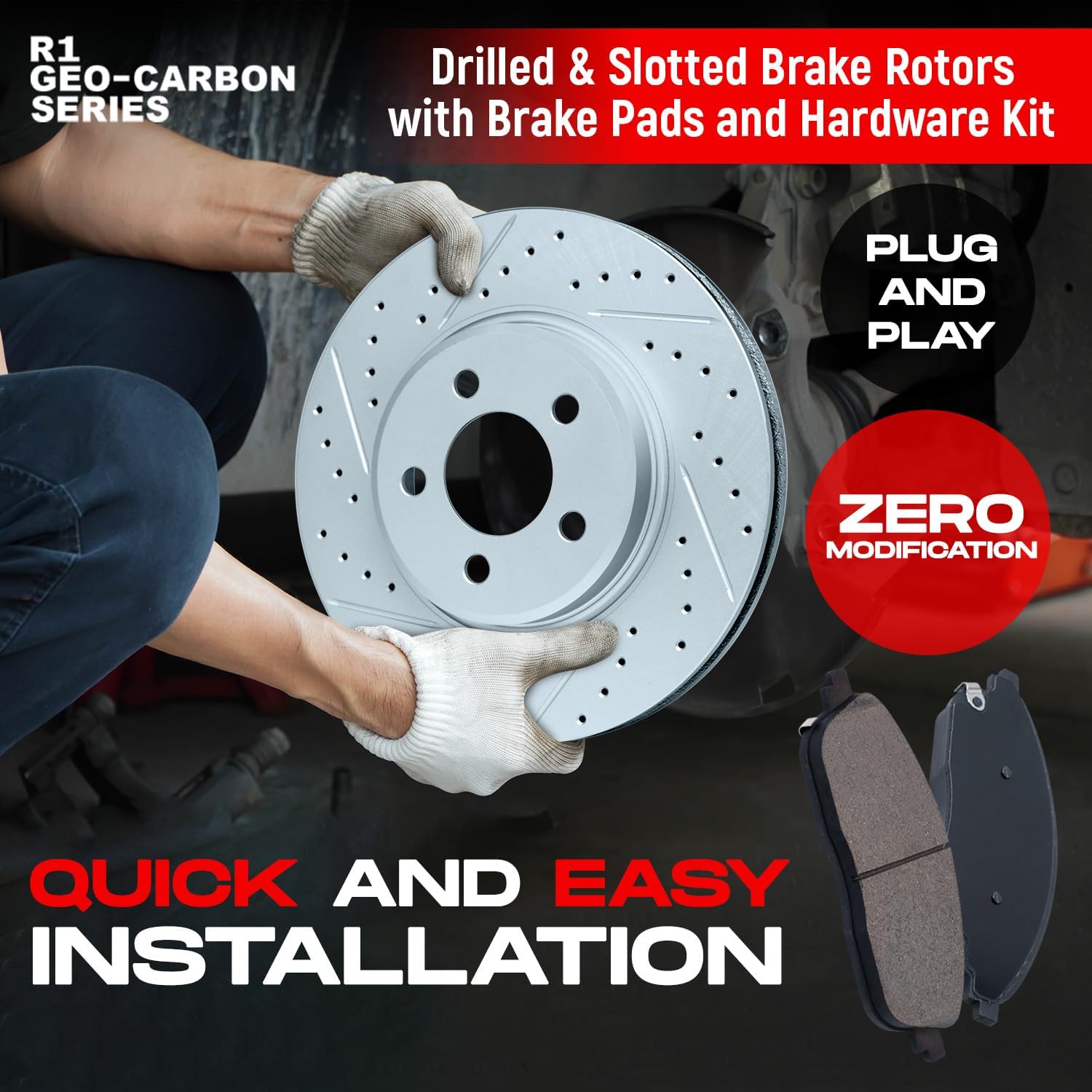 R1 Concepts Rear Brake Kit Fits 2017-2024 Alfa Romeo Giulia; 2018-2024 Alfa Romeo Stelvio| Euro Ceramic Brake Pads and Drilled Slotted Brake Rotors| 12.6' Rear