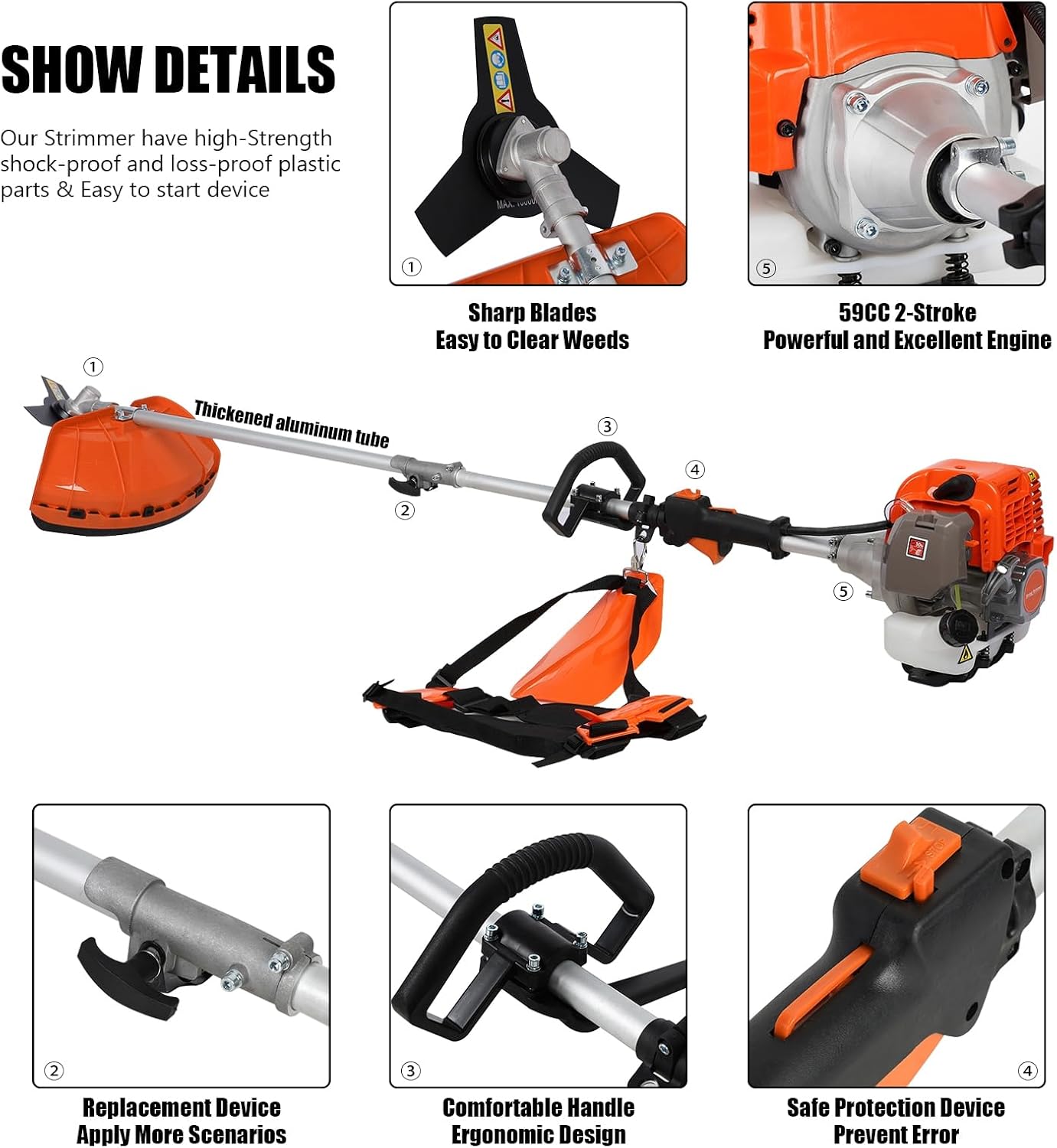 5 in 1 Gas Weed Eater, 52cc 2-Cycle Grass Trimmer & Hedge Trimmer, Brush Cutter, Weed Wacker Gas Powered, Pole Saw with Extension Pole, String Trimmer for Home, Garden, Lawn Care (Orange)