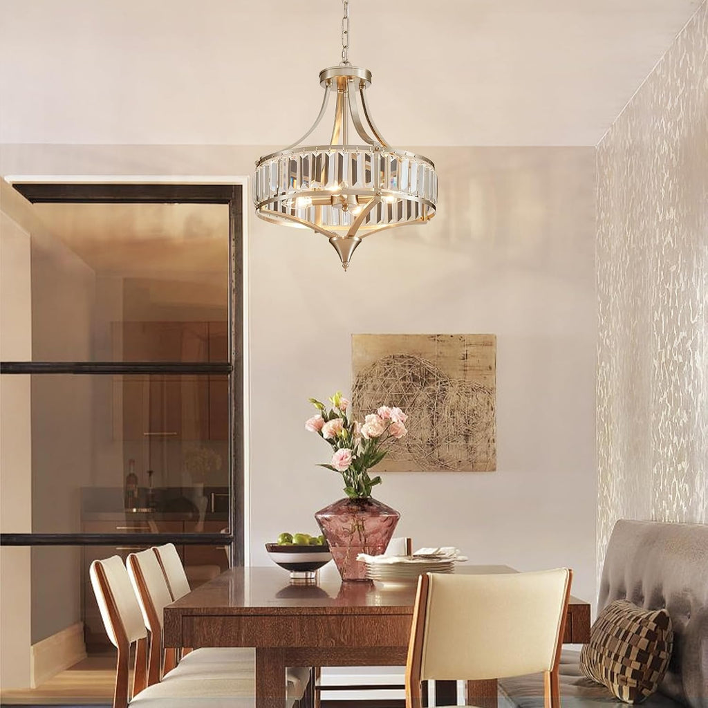 Crystal Chandeliers for Dining Room Rustic Farmhouse Pendant Round 4-Light Brushed Nickel Lighting Fixture for Dining Room Kitchen Island Hallway Bedroom Home Office