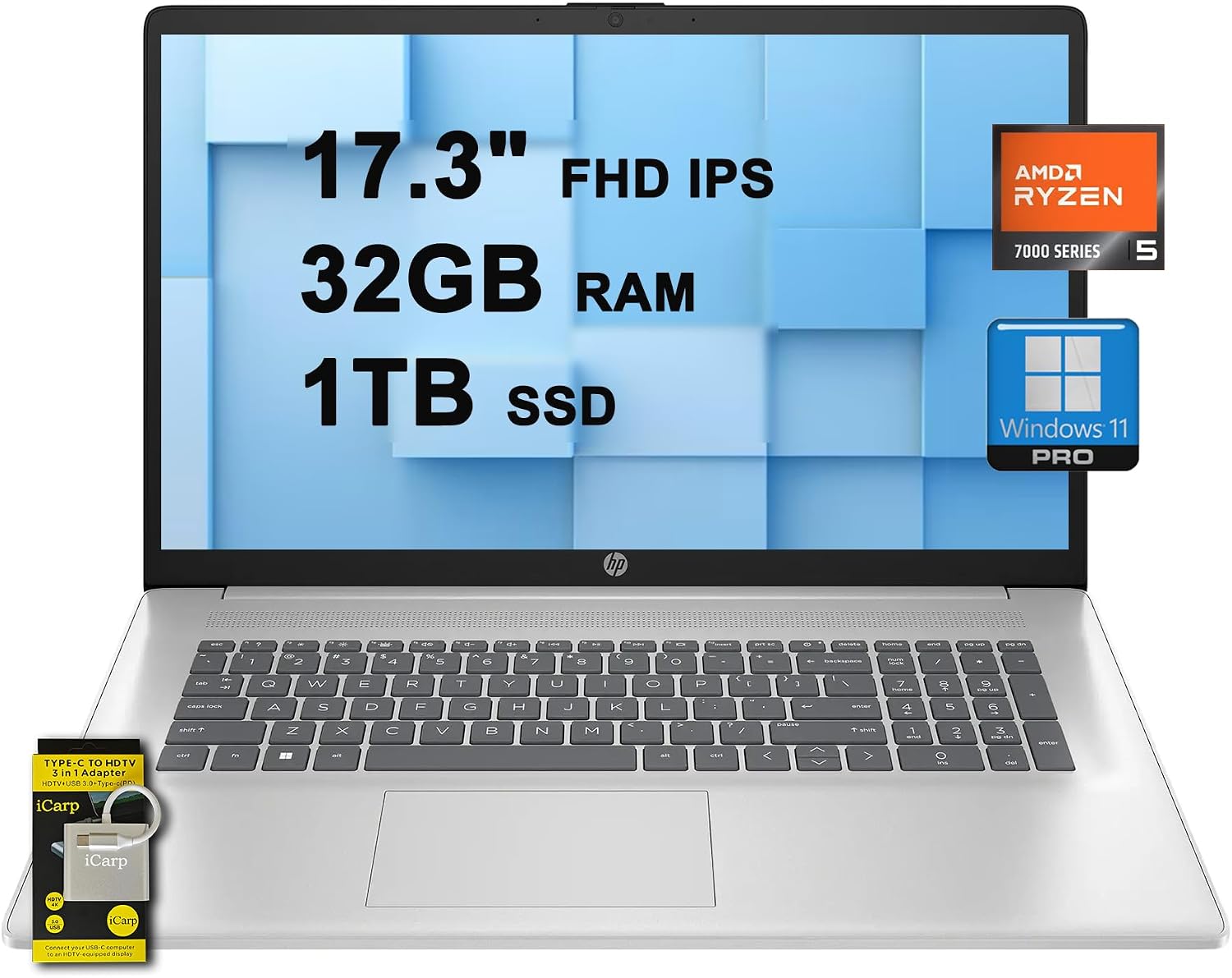 HP 17 Business Laptop 17.3' FHD IPS AMD Hexa-core Ryzen 5 7430U (Beats i7-1255U) 32GB RAM 1TB SSD Type-C Fast Charge Long-Lasting Battery Win11Pro ICP Accessory