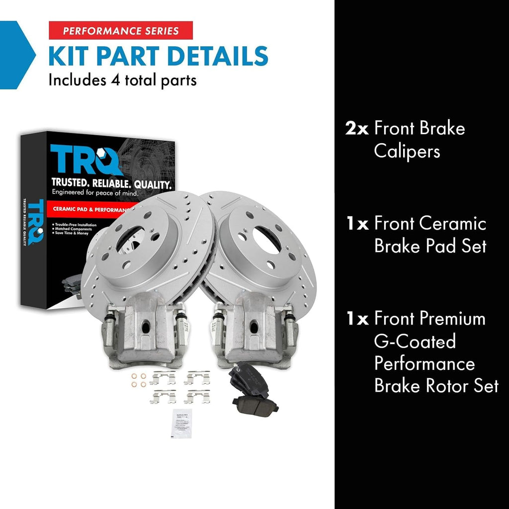 TRQ Performance Front Brake Pad and Rotor Set Ceramic Coated Drilled Slotted Rotors Calipers Compatible with 2004-2008 Toyota Prius