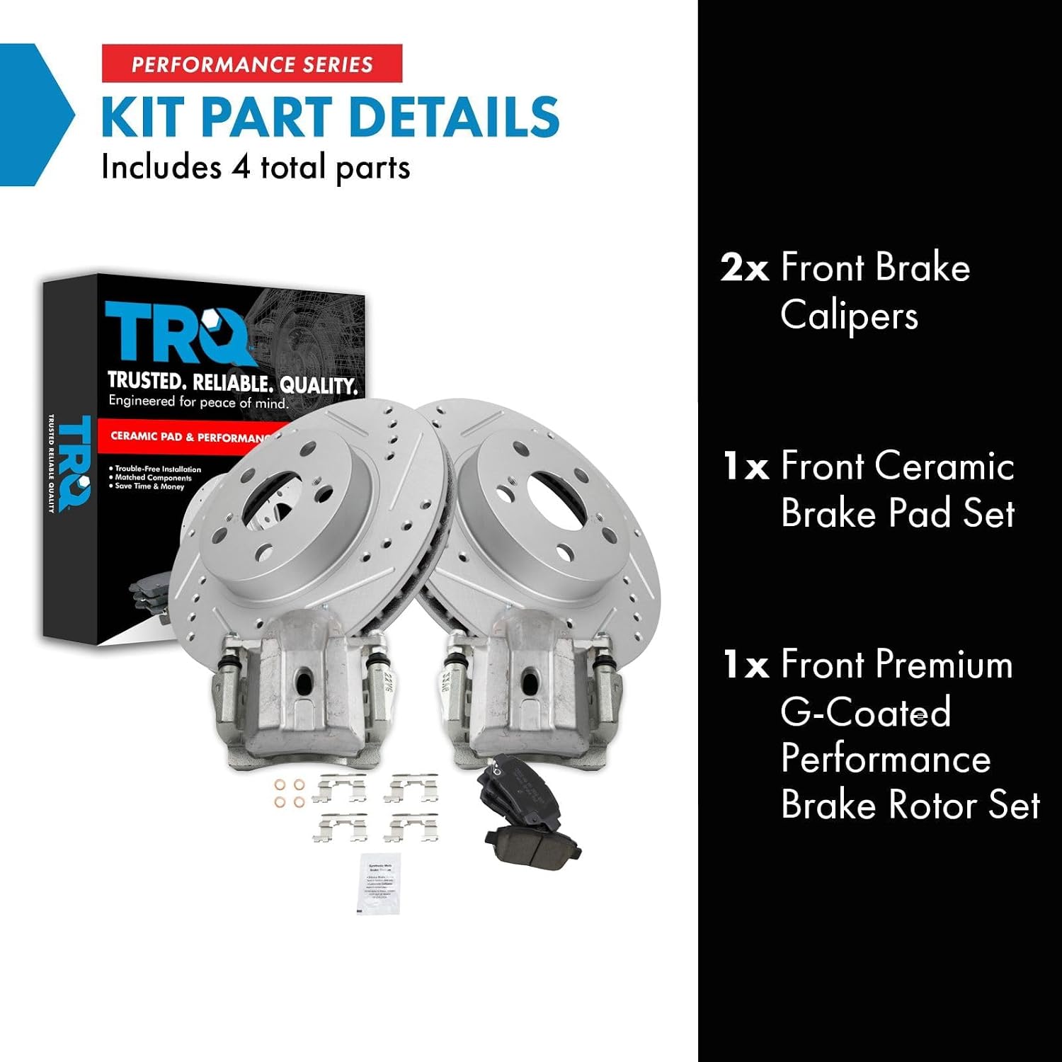 TRQ Performance Front Brake Pad and Rotor Set Ceramic Coated Drilled Slotted Rotors Calipers Compatible with 2004-2008 Toyota Prius
