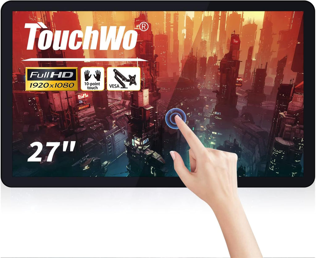 27 inch Capacitive Multi-Touch Screen Industrial Monitor, 16:9 Display 1920 x 1080P, Built-in Speakers, VGA, DVI & HDMI Monitor for PC, POS, Small Business, Restaurant