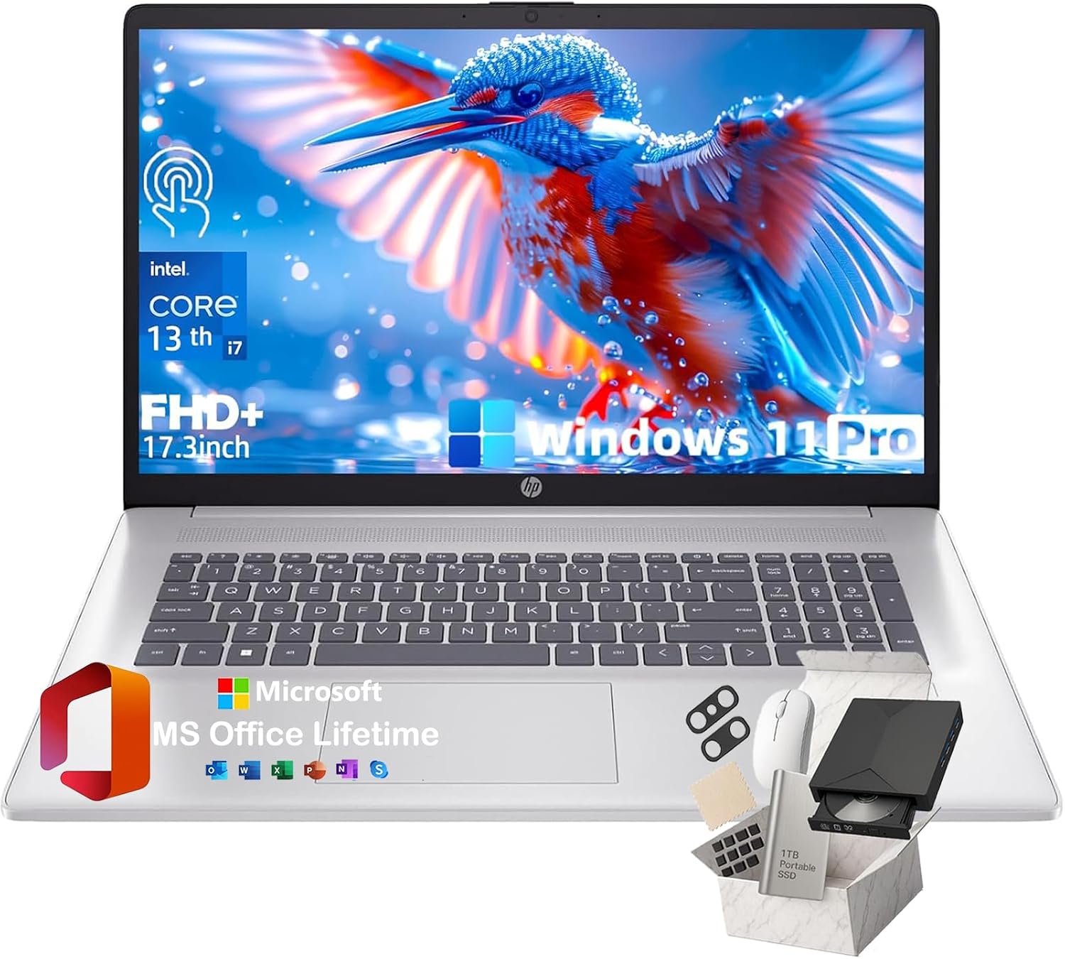 HP 17.3' FHD+ Touchscreen Business Laptop - Intel Core i7-1355U Processor, Intel Iris Xe, WiFi 6, HD Webcam, BrightView, 250 nits, Win 11 Pro, w/Hoouwrd Accessories (32GB RAM | 1TB SSD)