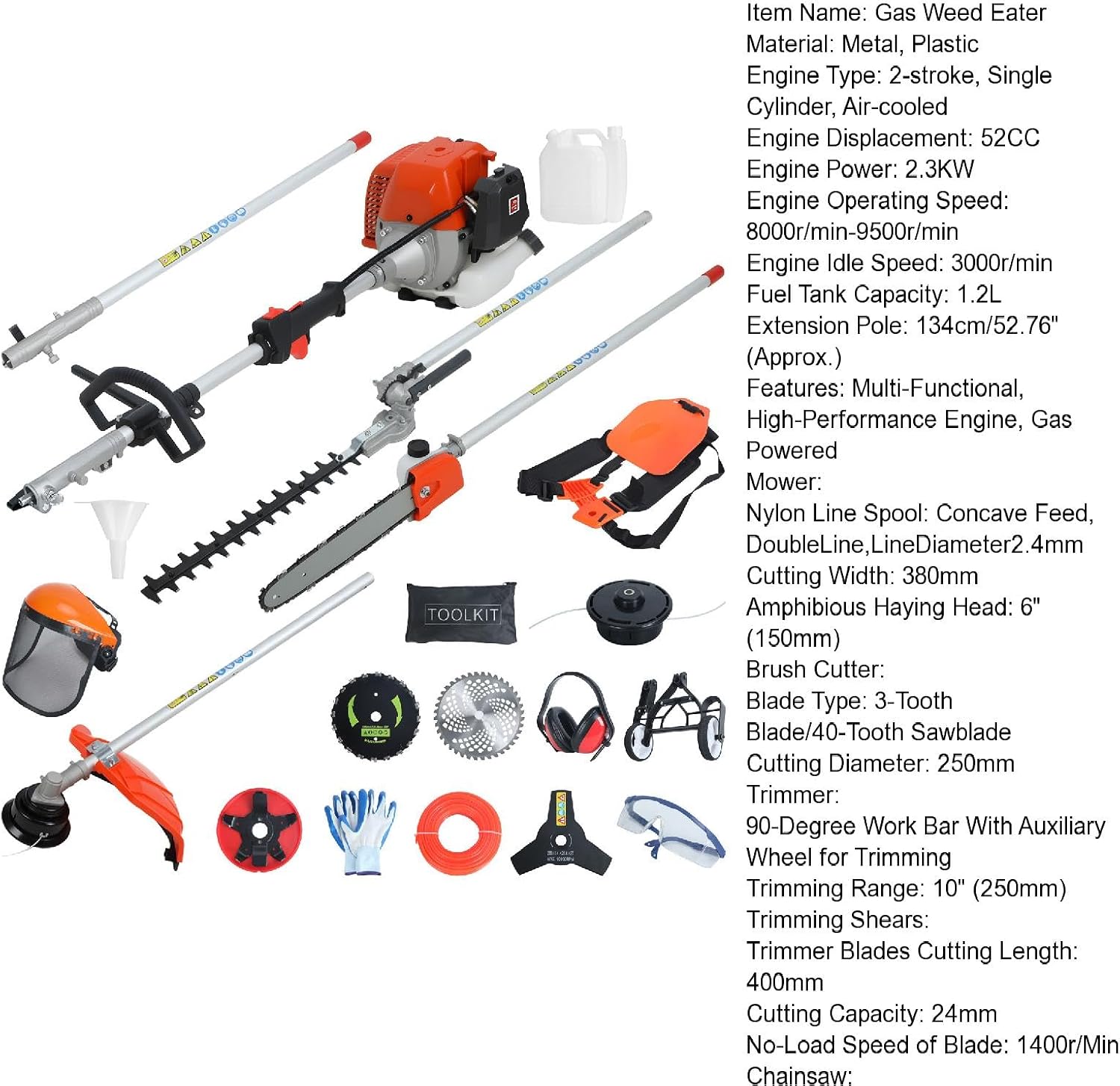 8-in-1 Multi-Functional Trimming Tool, 52CC 2-Cycle Gas Powered Hedge Trimmer, Weed Eater, String Trimmer, Brush Cutter, Edger, Pole Saw Chainsaw Pruner with Extension Pole (Orange)