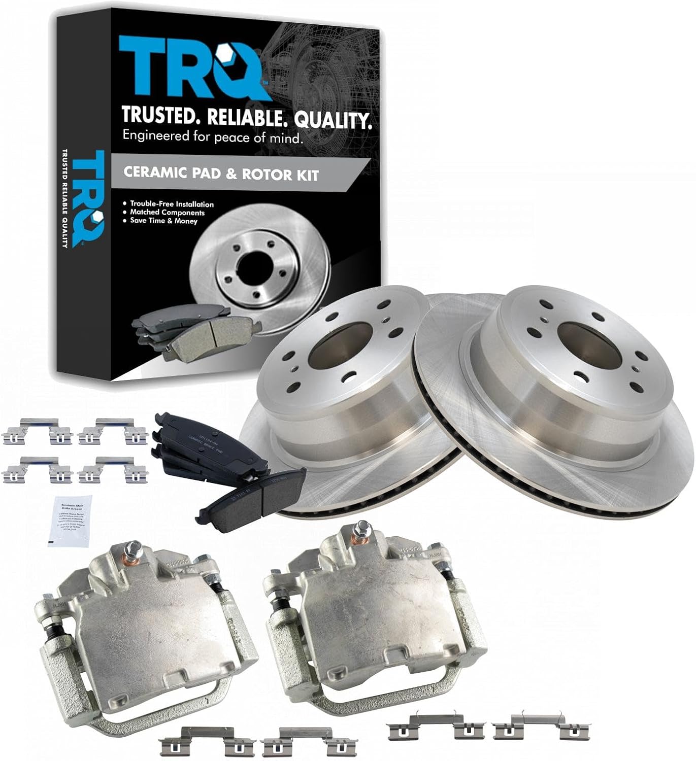 TRQ Rear Brake Pad and Rotor Set Ceramic Vented Rotors Calipers Compatible with 2007-2014 Chevrolet Avalanche Silverado Suburban Tahoe GMC Sierra Yukon XL 1500 Cadillac Escalade EXT ESV
