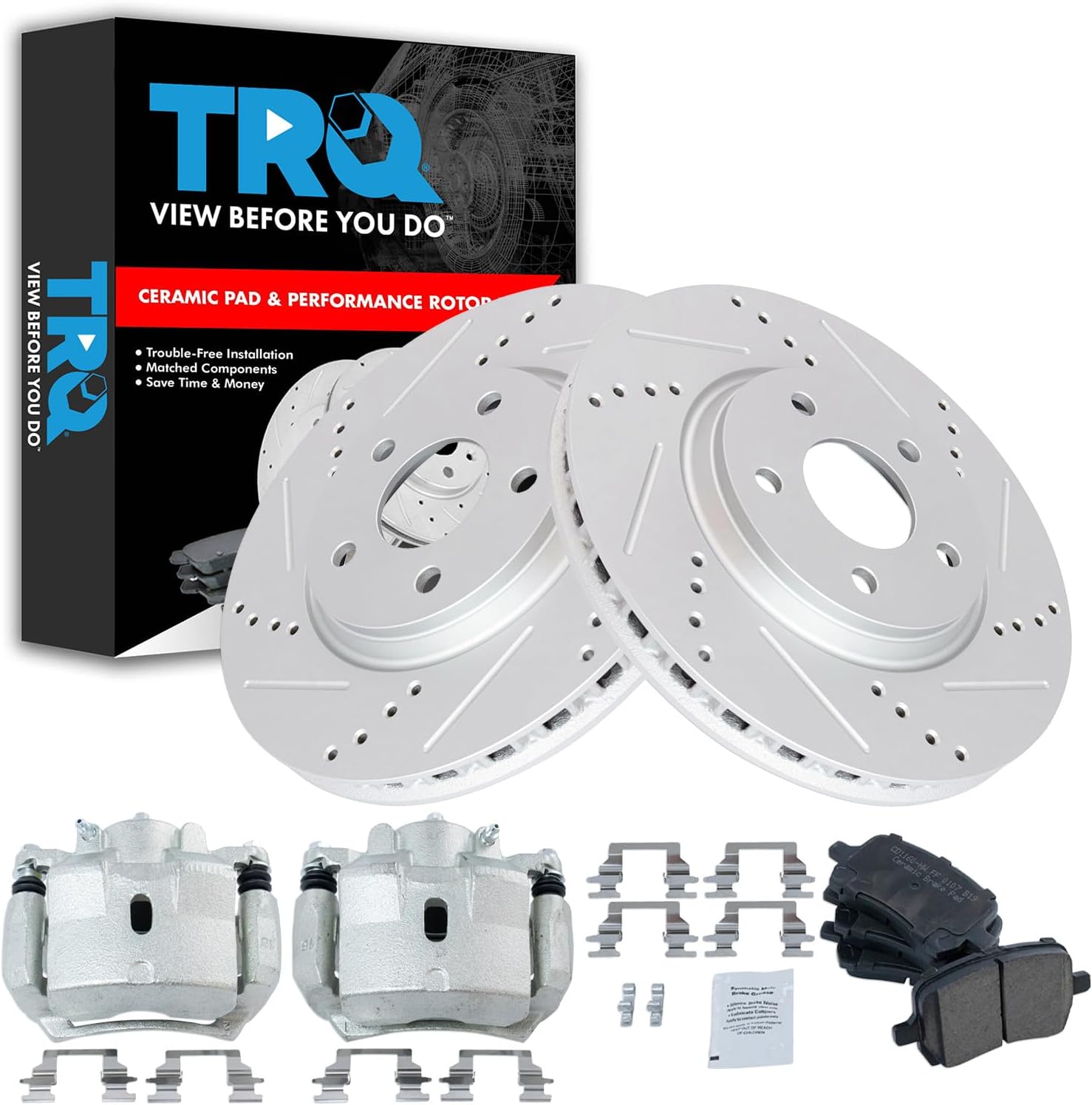 TRQ Performance Front Brake Pad and Rotor Set Ceramic Drilled Slotted Coated Vented Rotors Calipers Compatible with 2007-2012 Chevrolet Malibu 2007-2010 Pontiac G6 2007-2009 Saturn Aura