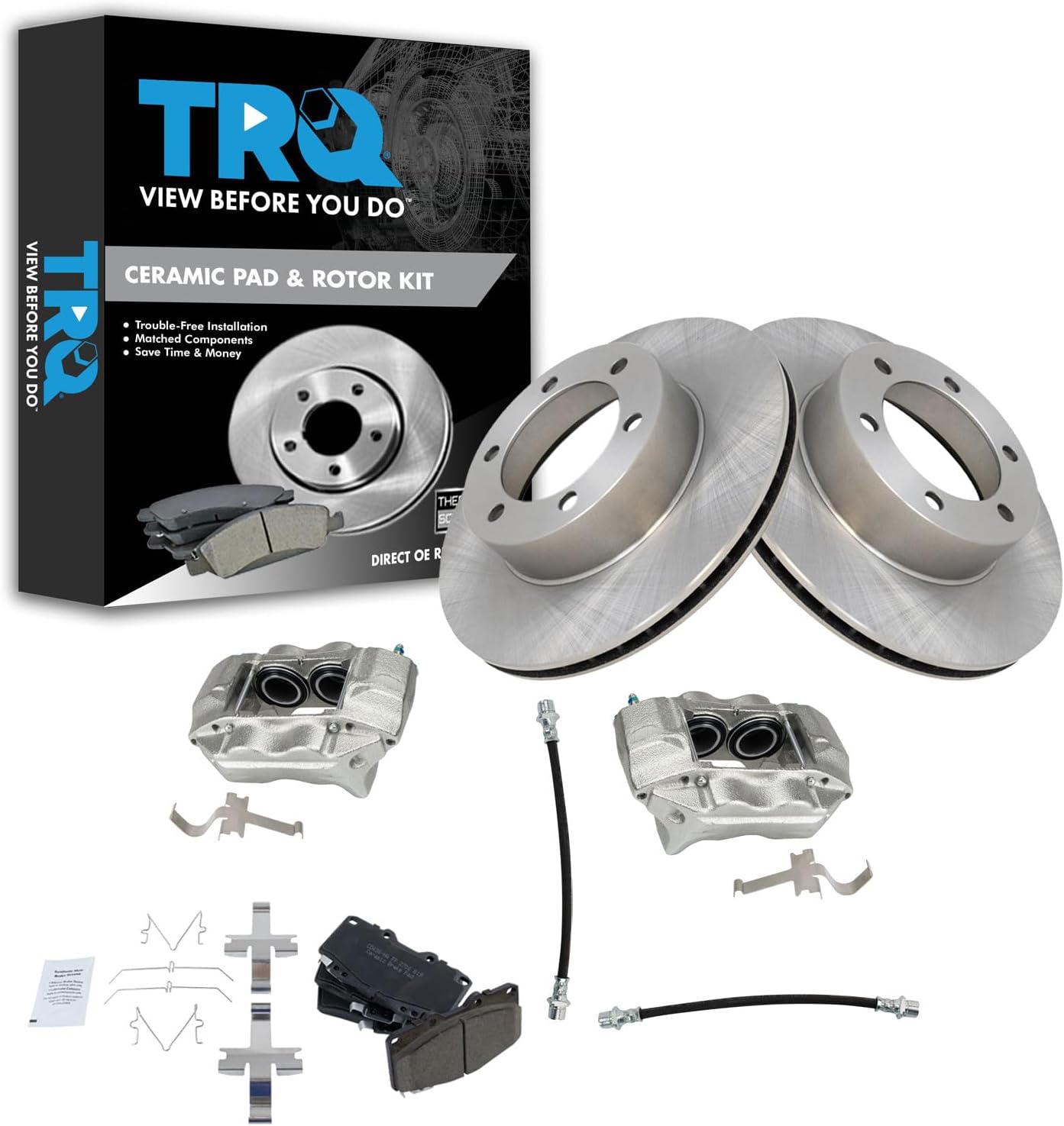 TRQ Front Brake Pad and Rotor Set Ceramic Rotors Calipers Hoses Compatible with 2001-2002 Toyota 4Runner