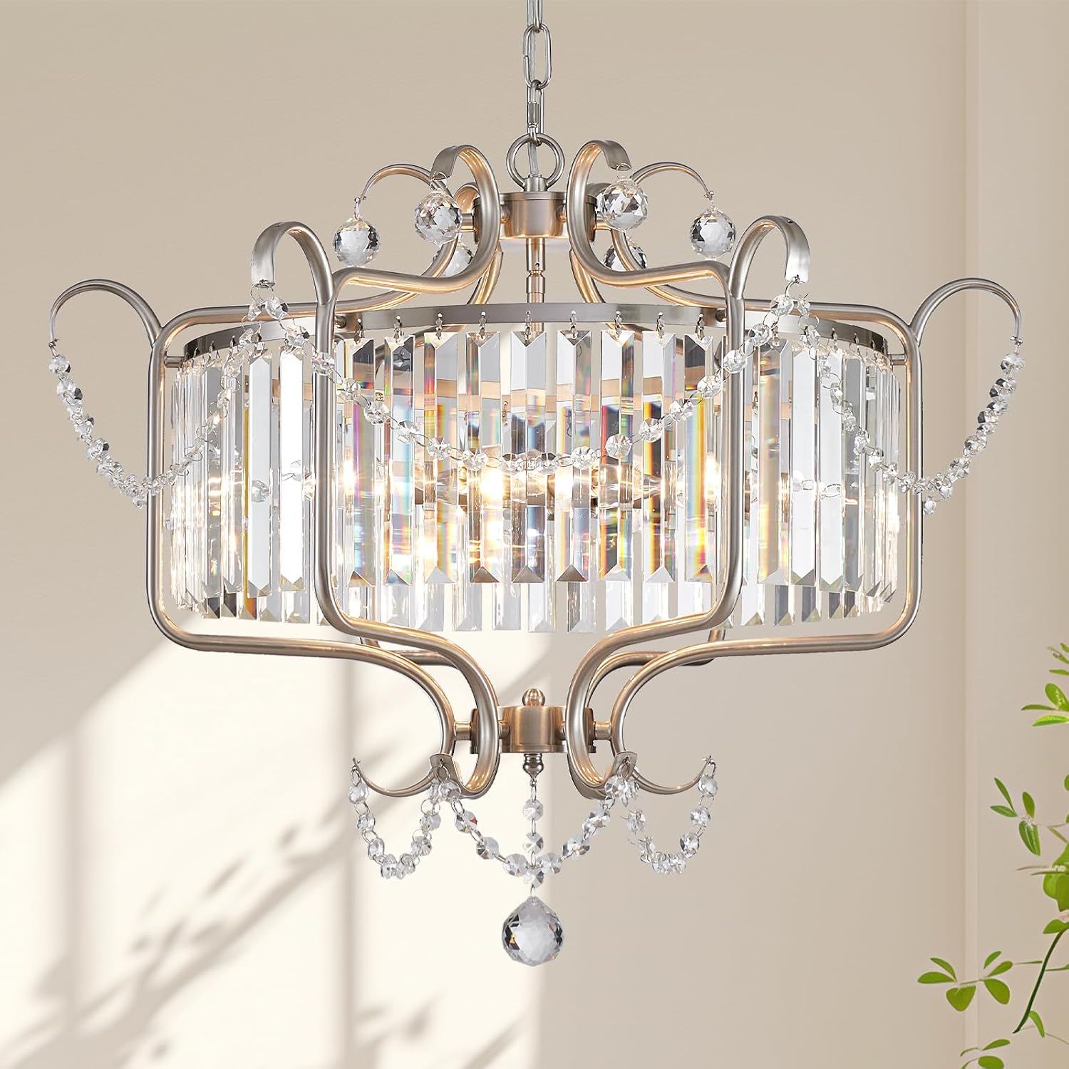 Modern Crystal Chandelier for Dining Room 24' Brushed Nickel Light Fixtures 6-Light Farmhouse Pendant Lighting for Kitchen Island Bedroom Hallway Entryway