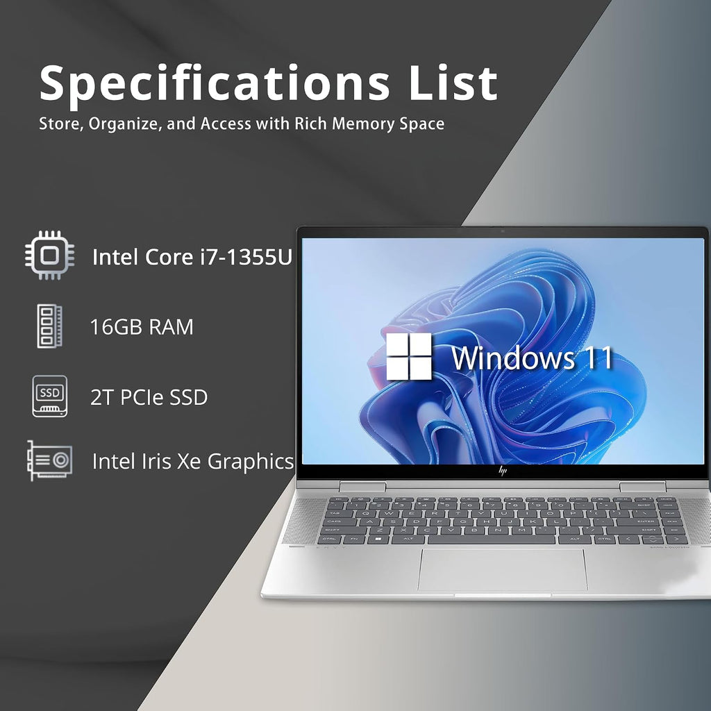 HP Envy x360 15.6' FHD Touch 2-in-1 Laptop, Intel i7-1355U, 16GB LPDDR5, 2TB SSD, Intel Iris Xe Graphics, Backlit Keyboard, Wide Vision 5MP IR Camera, Wi-Fi 6E, Win 11, Silver, 32GB USB Card