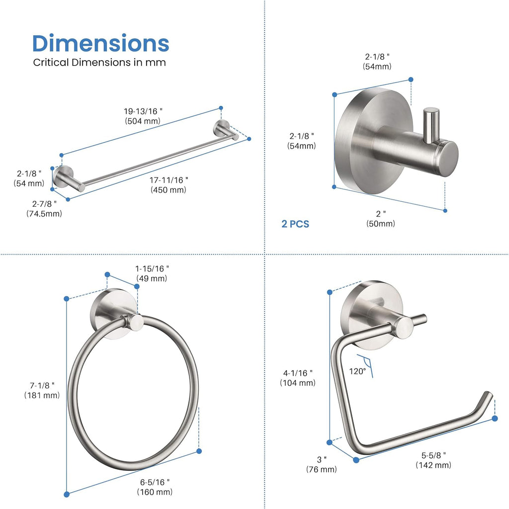 KIBI Circular Bathroom Hardware Set 5 Piece Bathroom Accessories Set | Towel Bar (18'), Towel Ring, Toilet Paper Holder, Robe Hooks (Brushed Nickel, C-KBA14-5-4)