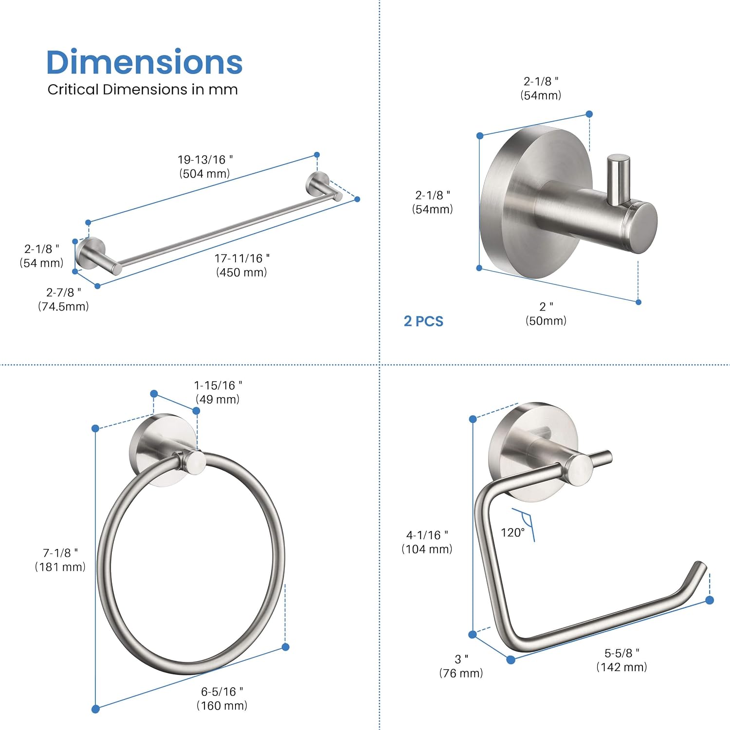 KIBI Circular Bathroom Hardware Set 5 Piece Bathroom Accessories Set | Towel Bar (18'), Towel Ring, Toilet Paper Holder, Robe Hooks (Brushed Nickel, C-KBA14-5-4)
