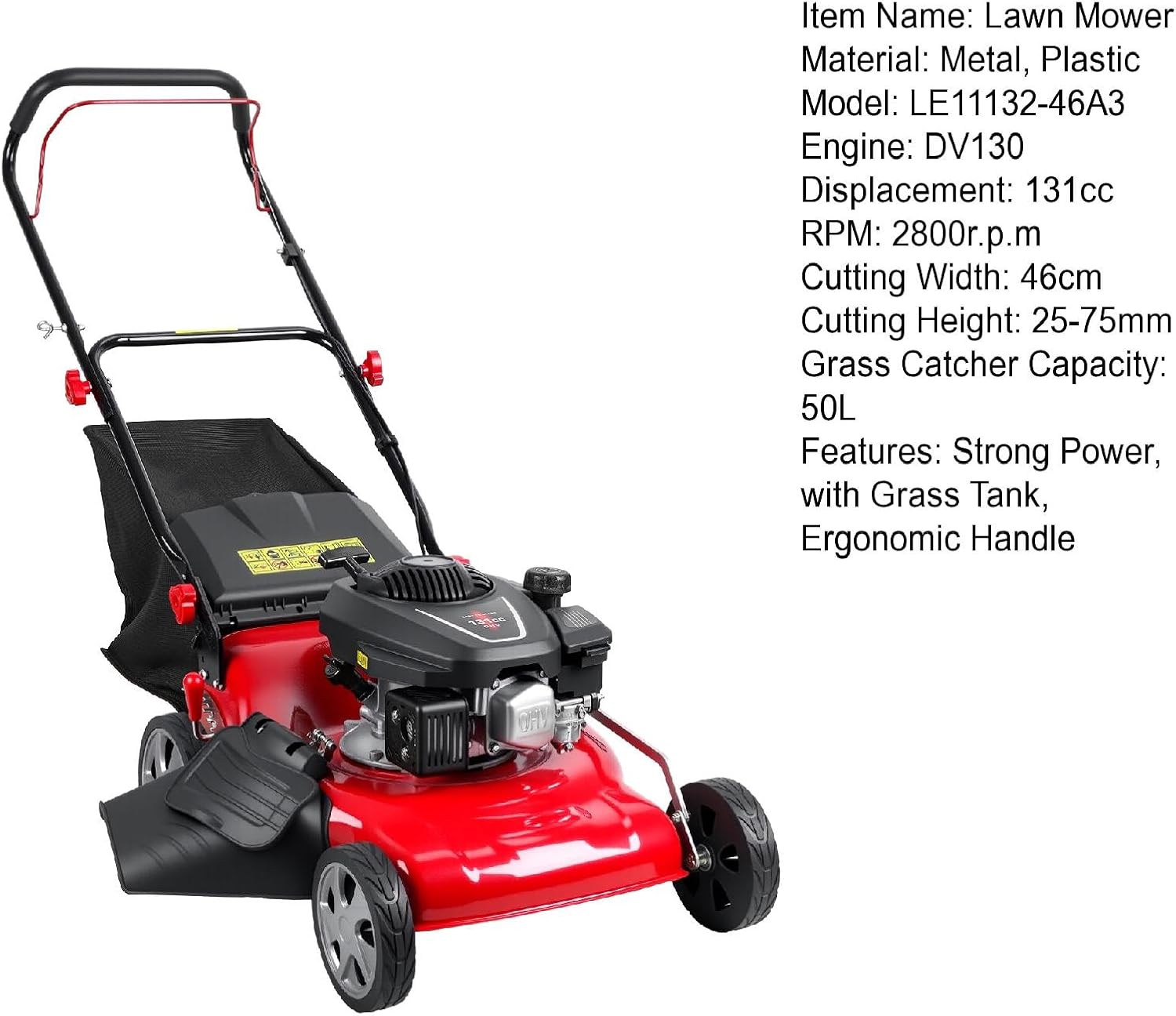 18-Inch Self-Propelled Lawn Mower, 131cc 3-in-1 Gas Lawn Mower with 50L Grass Bag, Mulch, Bag and Side-Discharge, Rear Wheel Drive for Yard & Garden (131cc 18-Inch)