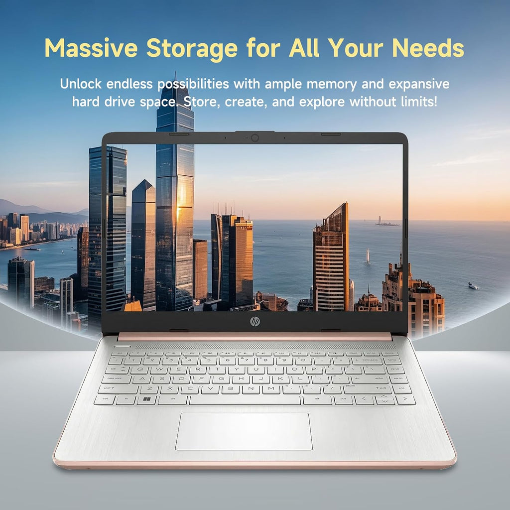 HP 14 Student-Laptop Back to School, Quad-Core Processor (Up to 3.6GHz) 8GB RAM 256GB Storage(128GB UFS + 128GB SD Card) Laptops for Student with 1-Year Office 365 Copilot AI Win11, Rose Gold