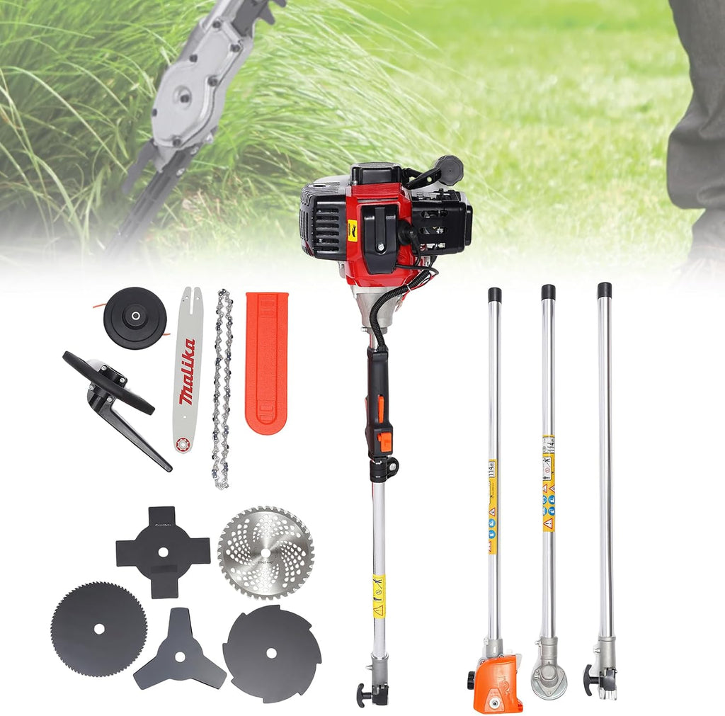 Weed Eater Gas Powered, 52CC 2-Stroke 10 in 1 Gas Brush Cutter Weed Wacker Multi-Functional Grass Strimmer Petrol Hedge Trimmer Straight Shaft Lawn Mower for Garden Yard