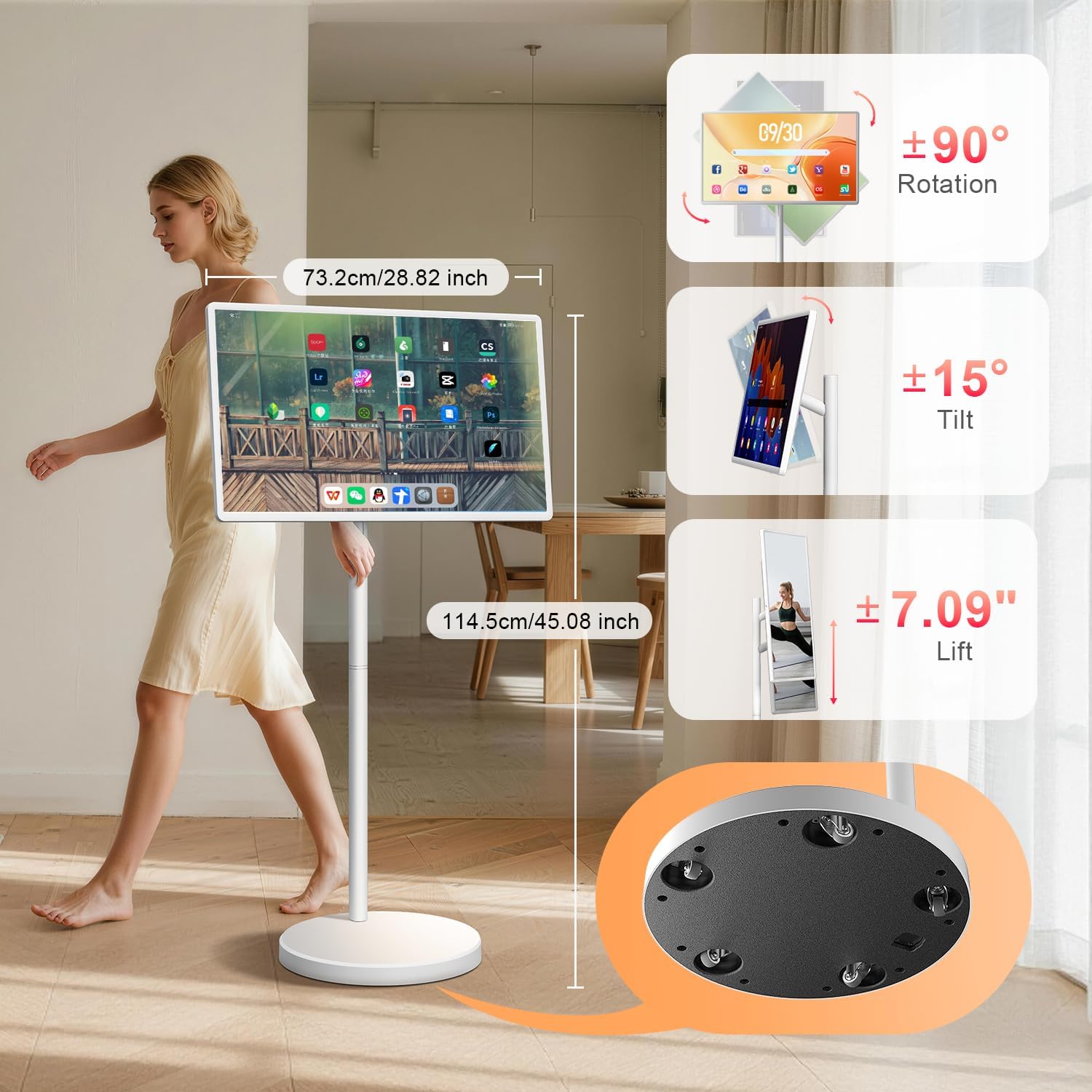 VLH 32″ FHD Smart Portable TV, Rolling TV On Wheels,8G +128GB Storage, Android 15 OS,Google EDLA-Certified,Portable Touch Screen Monitor,Built-in 38400mAh Battery,Removable 500W Camera, Remote Control