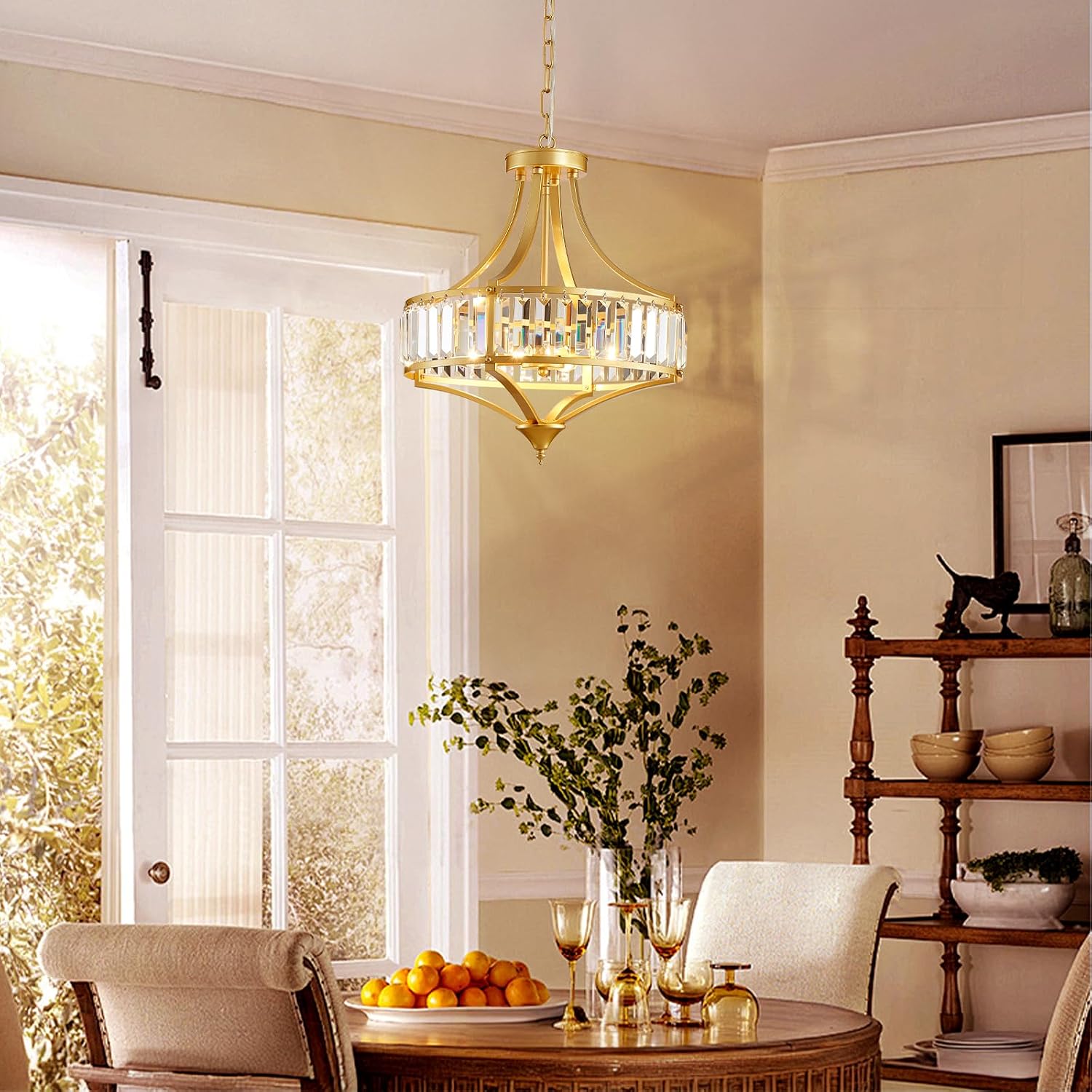 Gold Chandeliers for Dining Room Modern Round Crystal 4 Lights Rustic Pendant Lighting Fixture with Metal Lampshade for Living Room Hallway Bedroom Foyer