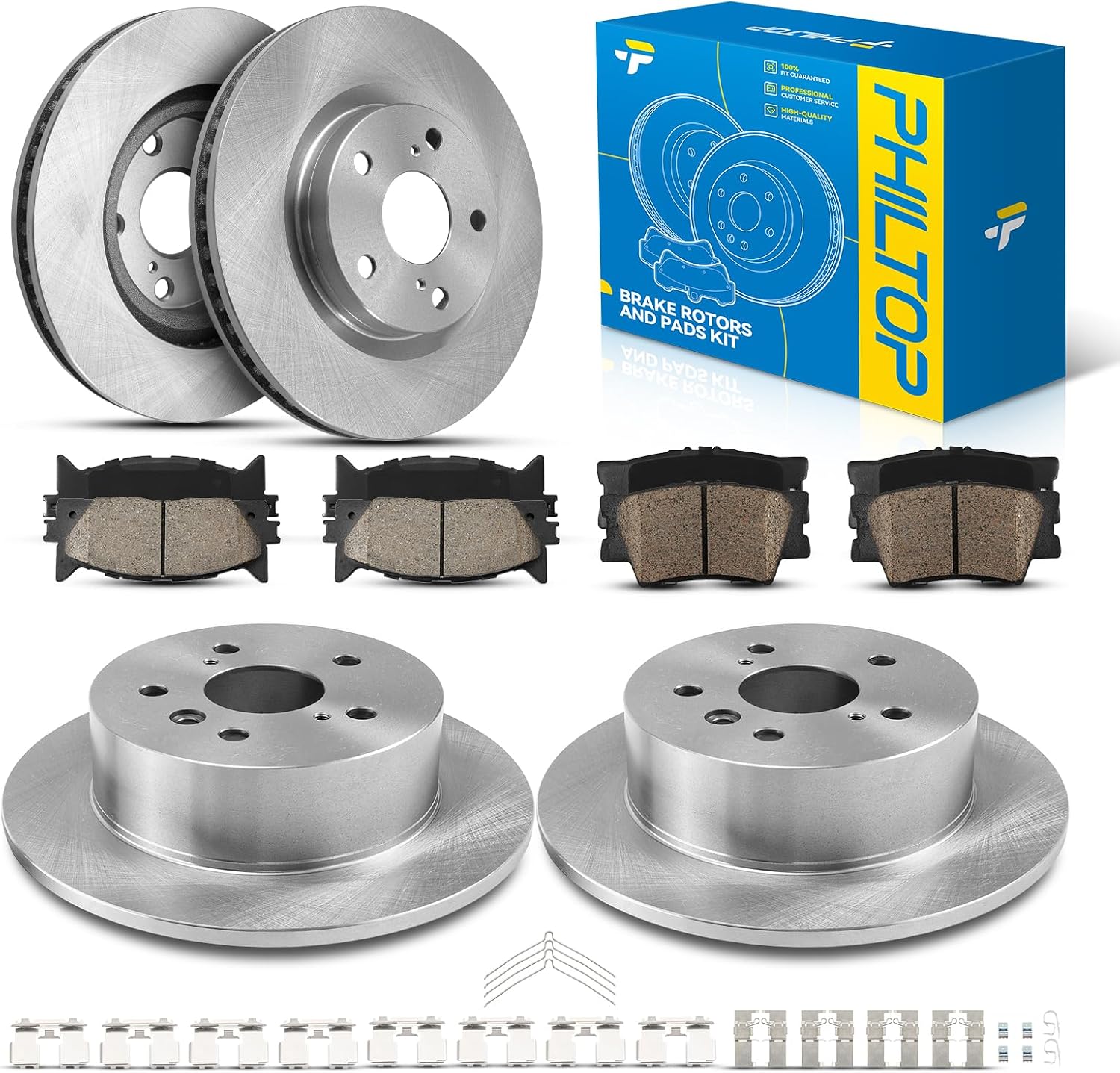 PHILTOP Front & Rear Brake Kit For 2007-2012 Lexus ES350, Disc Rotors with Ceramic Brake Pads Replace # 31433+D1212+31434+D1293, Rear 11.06（281mm）,Front 11.65（296mm）