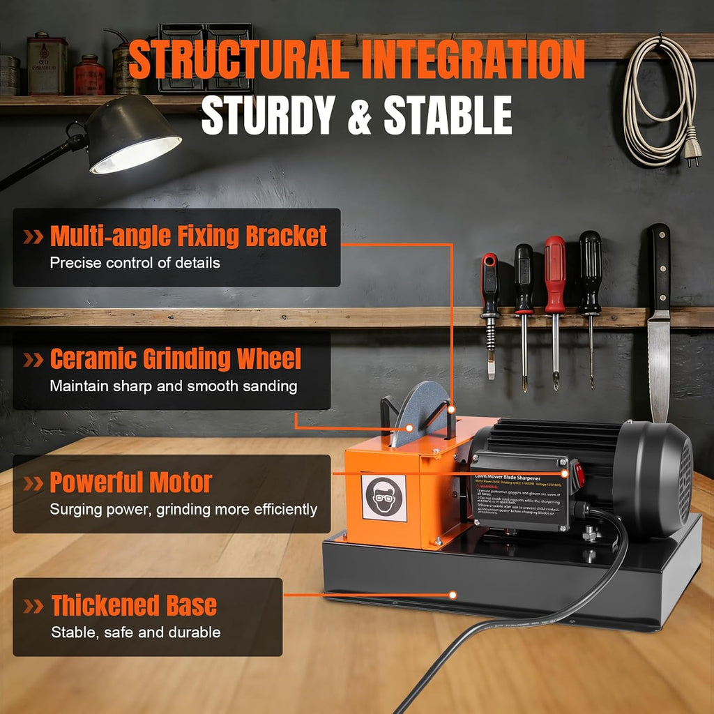 Lawn Mower Blade Sharpener – 1HP 750W Lawnmower Bench Grinder with 9-inch Ceramic Wheel for High/Low Lift, Flat & Gator Blades