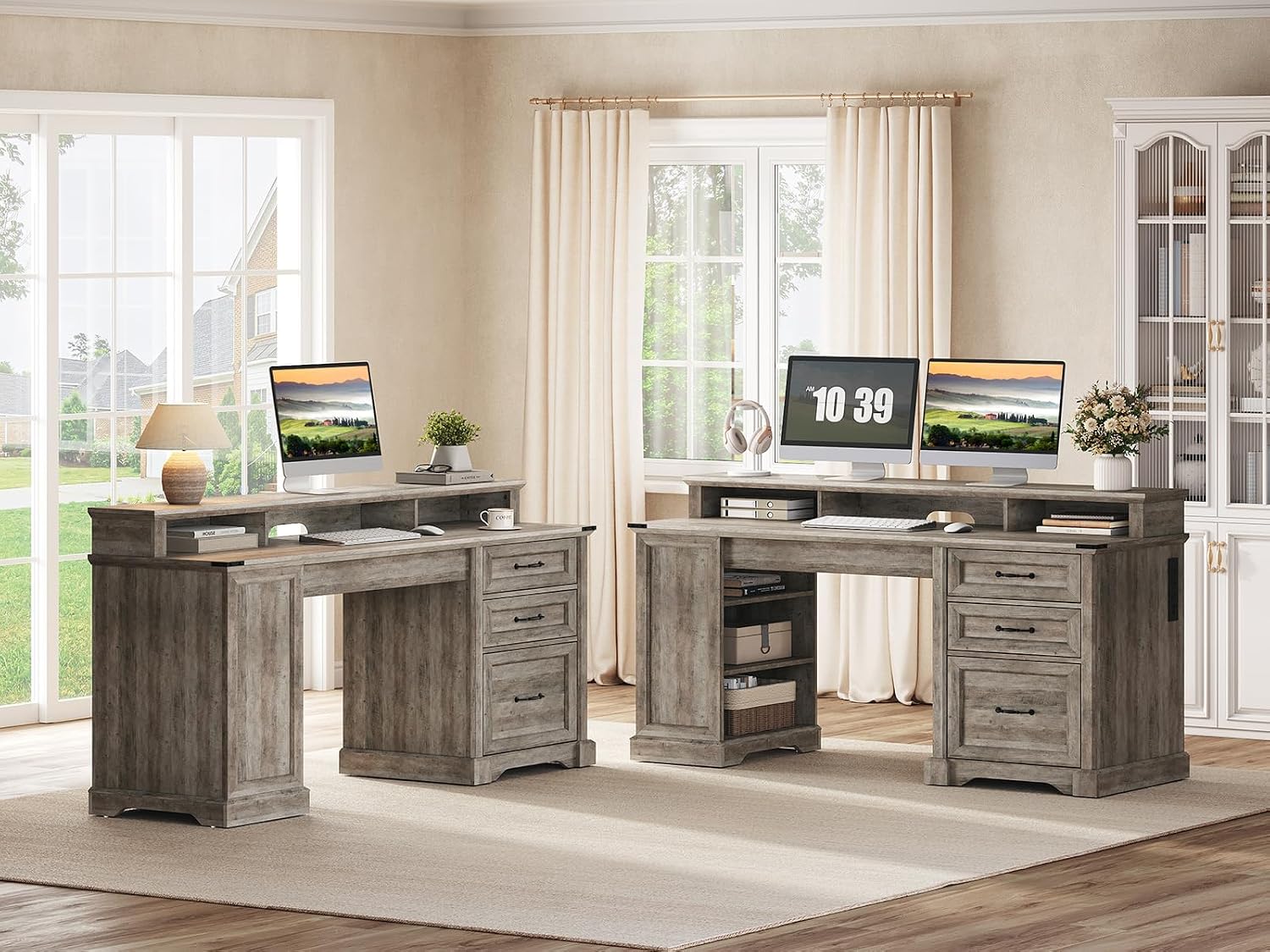 RALGEND 2 Pack 55'' Farmhouse Executive Desk with Drawers, Computer Desk with File Cabinet and Side Bookshelf, Writing Gaming Desk with Monitor Stand, Greige