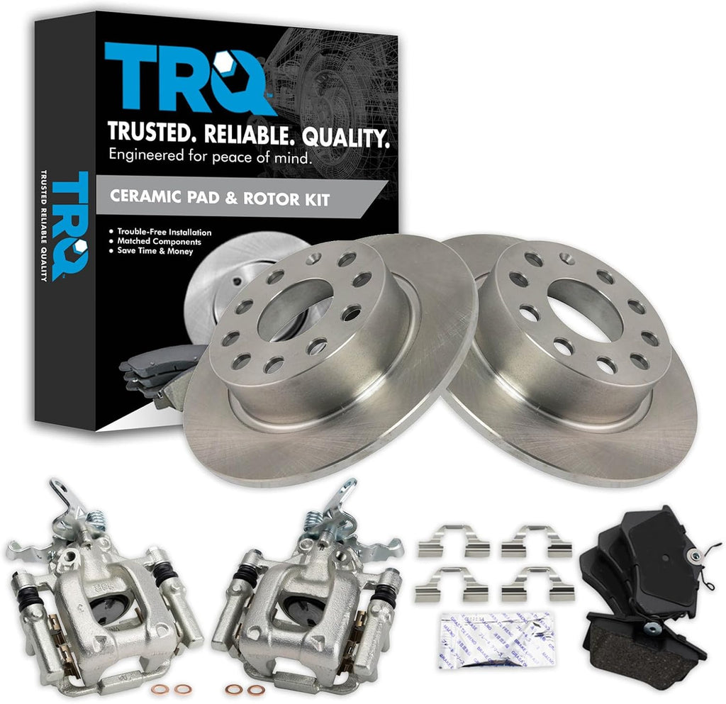 TRQ Rear Brake Pad and Rotor Set Ceramic Solid Rotors Calipers Hardware Compatible with 2013 Volkswagen Beetle