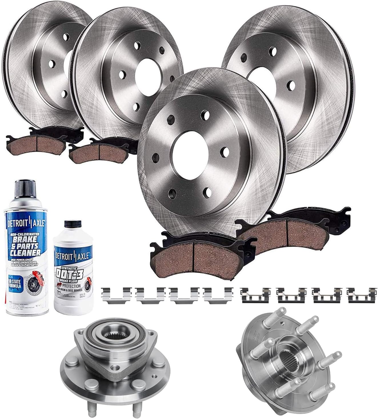 Detroit Axle - Brake Kit for Buick Enclave Chevy Traverse GMC Acadia Saturn Outlook Front & Rear Drilled & Slotted Brake Rotors and Ceramic Brakes Pads + Front Wheel Bearing Hubs Replacement
