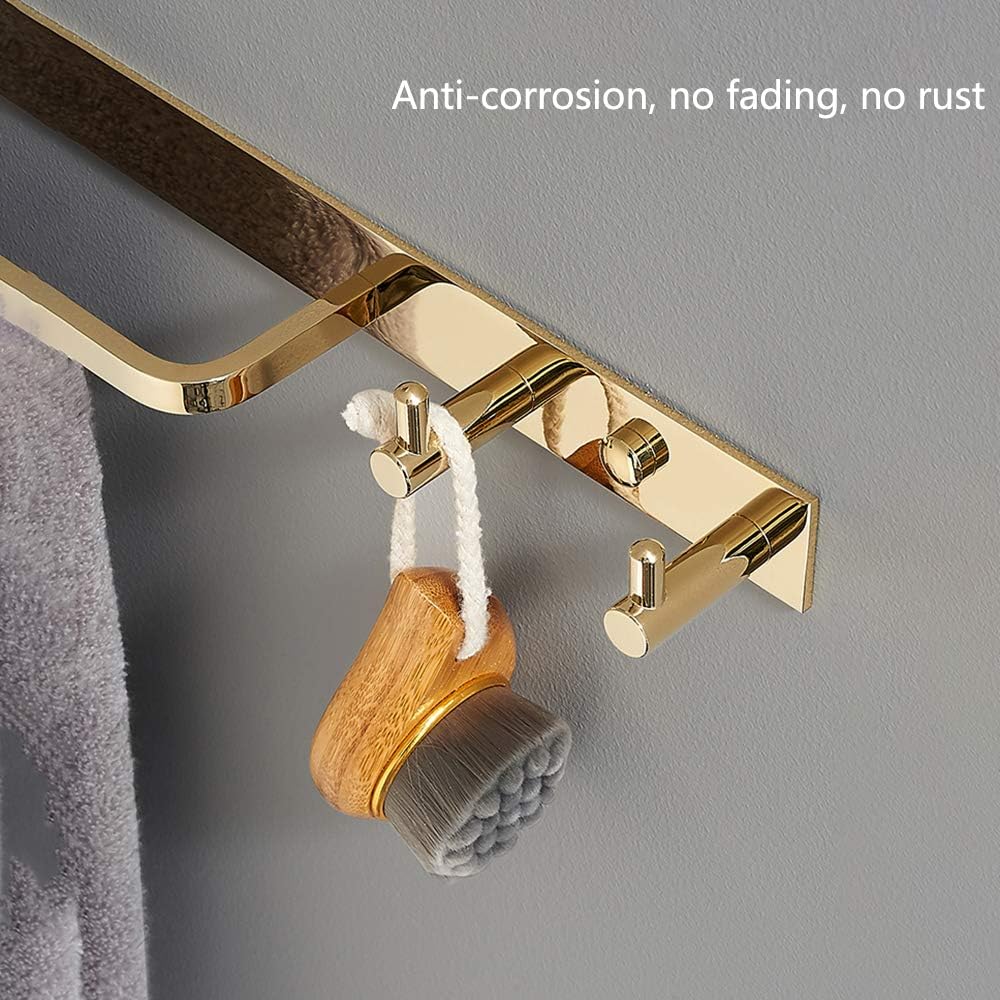 Towel Bar Towel Rail with 2 Hooks Heavy Duty Brass Bathroom Towel Rack Wall Mounted Towel Holder Double Rod Storage Rack for Bathroom Kitchen Toilet,Black Gold