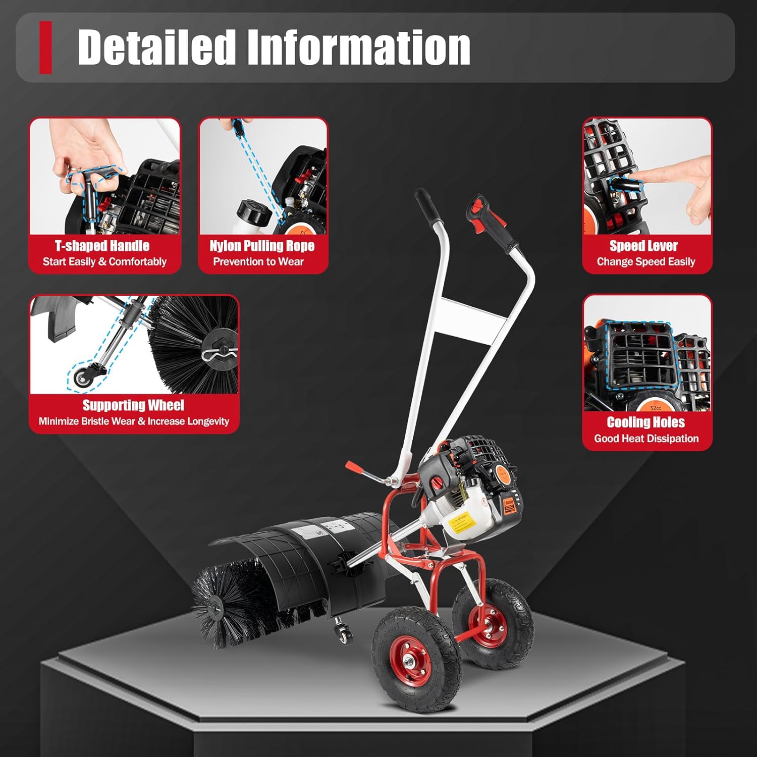 2.5HP 52CC Gas Power Handheld Sweeper, Driveway Turf Snow Broom Brush Cleaner Artificial Grass Walk Behind Turf Brush Electric Lawn Power Outdoor Road Street High Performance Cleaner