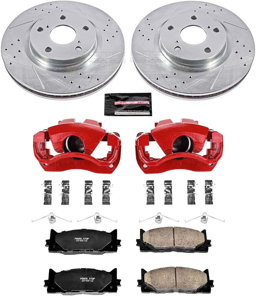 PowerStop Front Brake Kit for Lexus ES300h 2013-18 |ES350 2007-18 |Toyota Avalon 2008-18 - Carbon-Fiber Ceramic Brake Pads + Drilled & Slotted Rotors + Red Powder Coated Calipers, KC3053