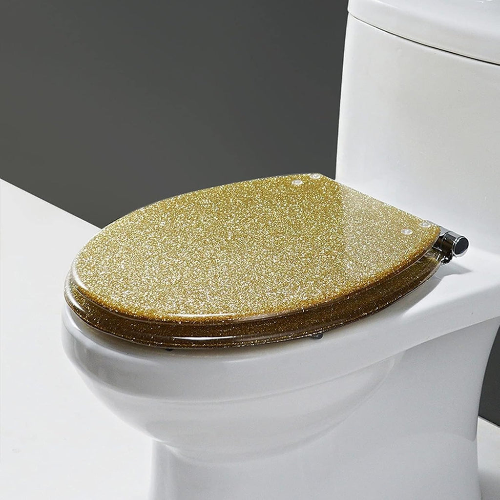 'Glitter Resin Toilet Seat, Soft Close Lid, Round/Oval, Easy Installation & Cleaning, Gold'(Gold)