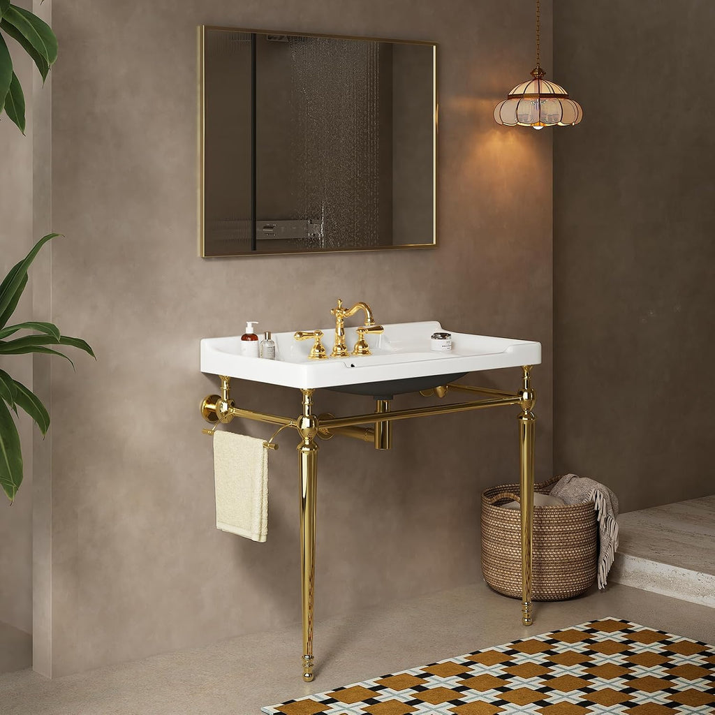 36'' Console Bathroom Sink, Freestanding Console Sink With Stainless Brushed Gold Legs, Modern Bathroom Sink Vanity with 3 Tap Holes and Pop Up Drain, White