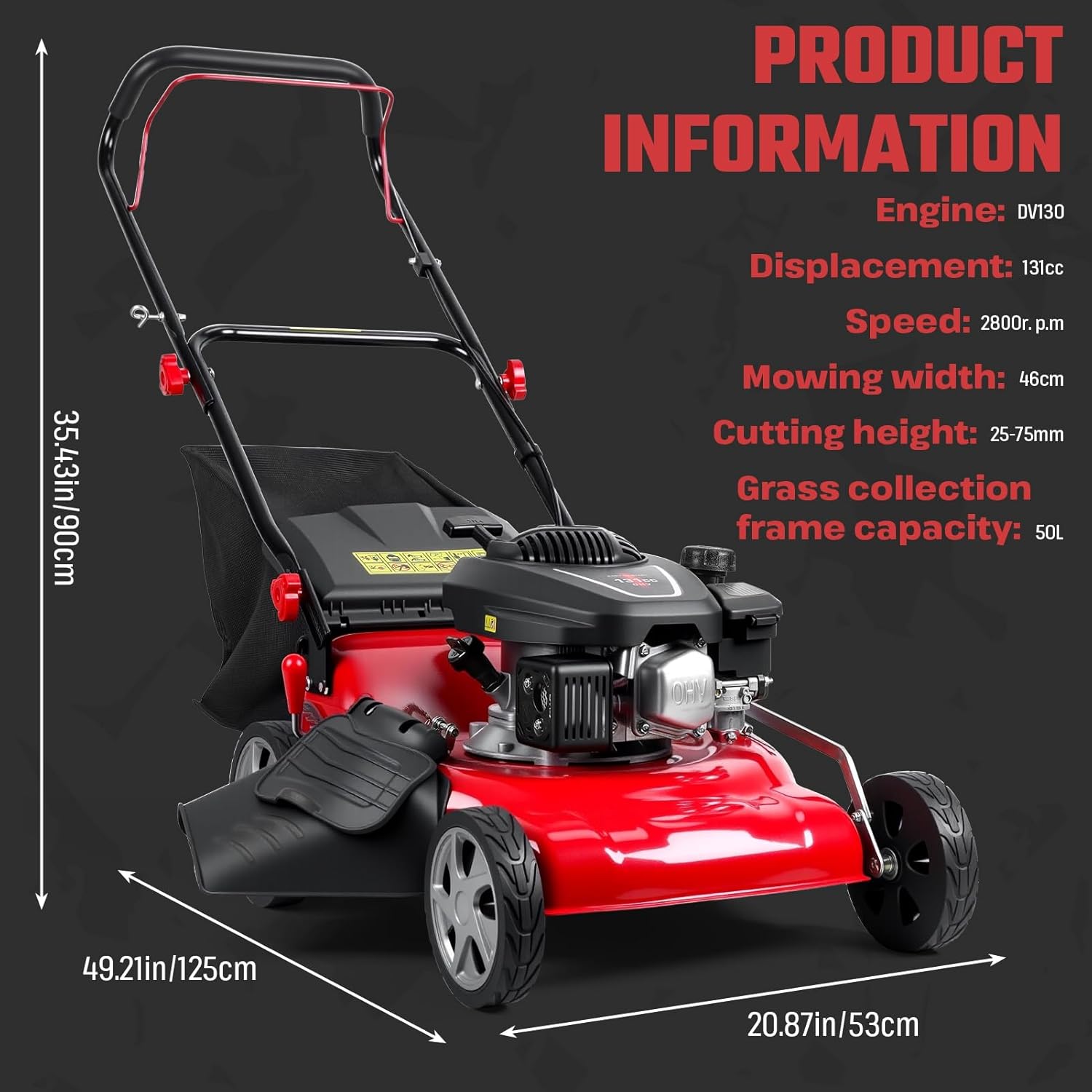 3 in 1 Gas Lawn Mower Self Propelled Gas Lawn Mower, 131cc Engine ＆ 18inch Cutting Width, 50L Big Grass Tank, Foldable Handle, Easy to Assemble(Red) Red 18inch