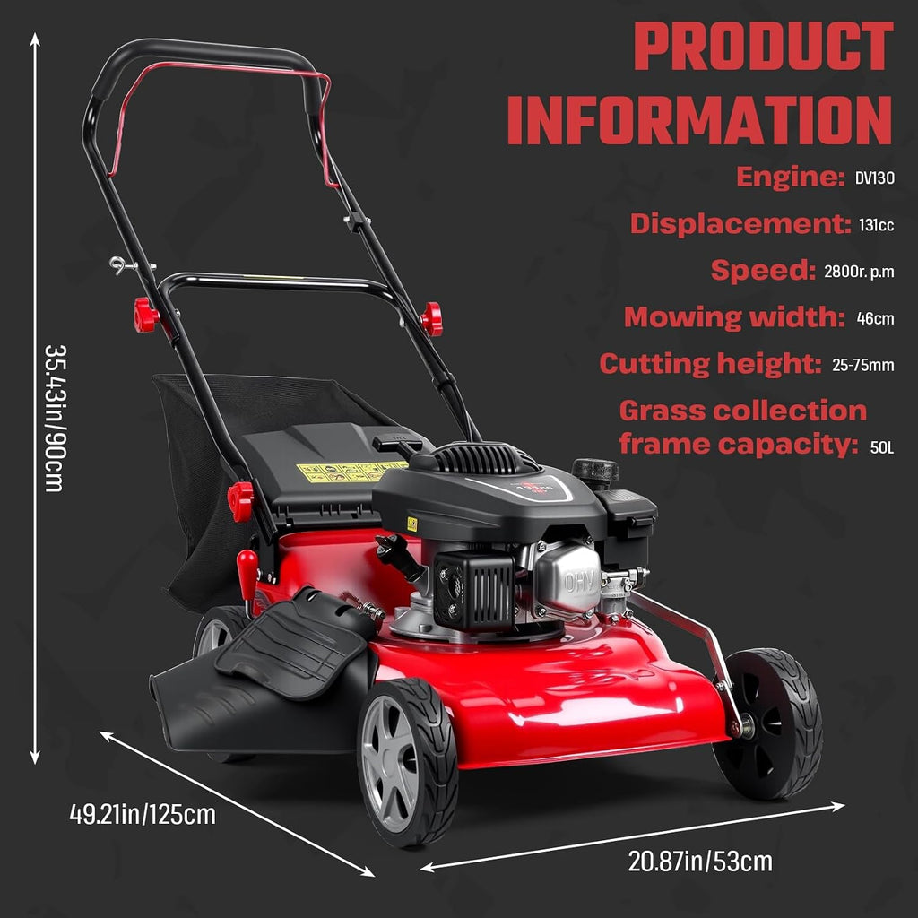 131cc Self-Propelled Lawn Mower, 18-Inch 3-in-1 Walk Behind Mower with 50L Grass Bag, Gas Powered Push Mowers for Residential & Commercial Use Red