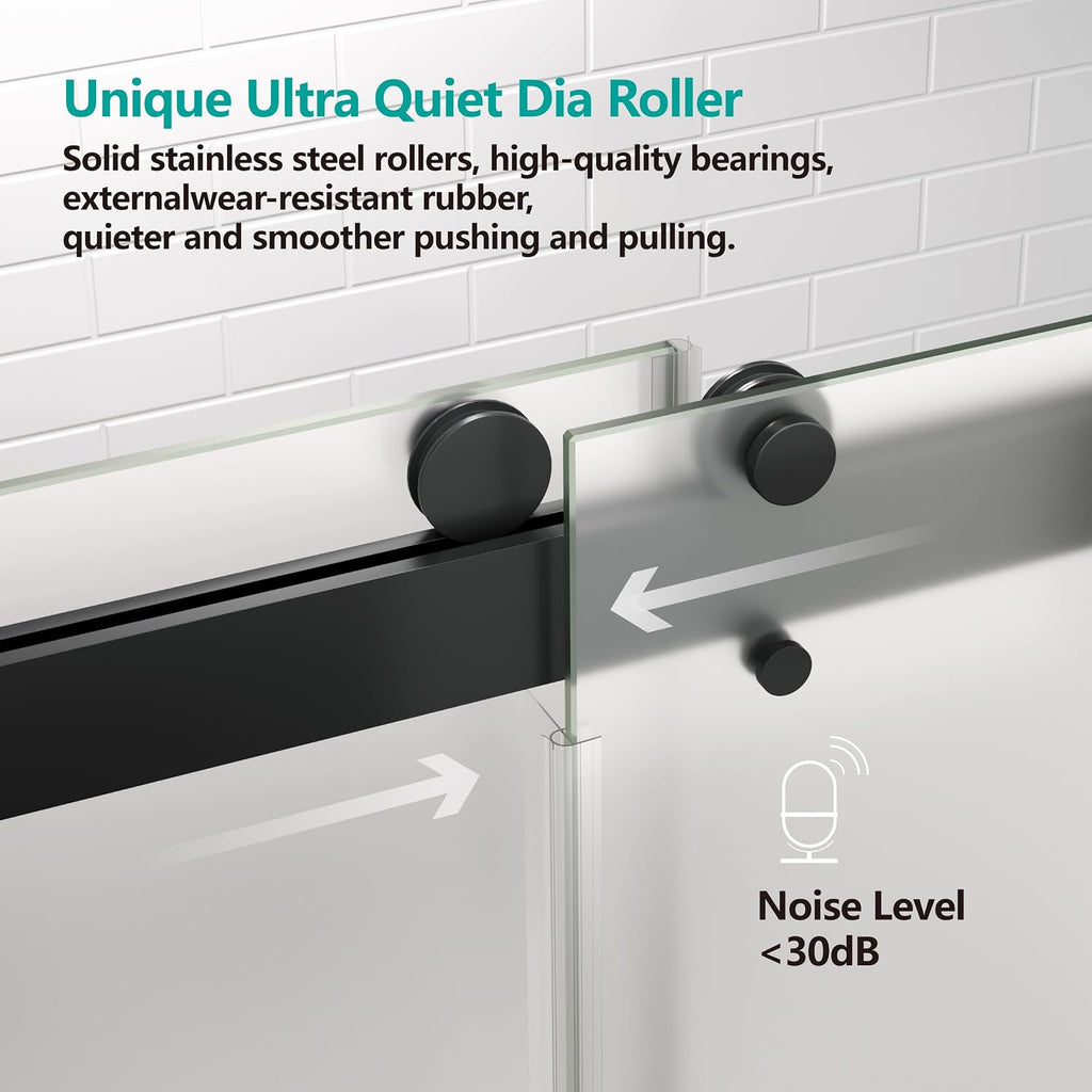 3/8'(10mm) Frosted Glass Shower Doors 56-60' W x 79' H Soft Closing System Double Sliding Frameless Towel Bar Handle Stainless Steel Hardware (Matte Black)