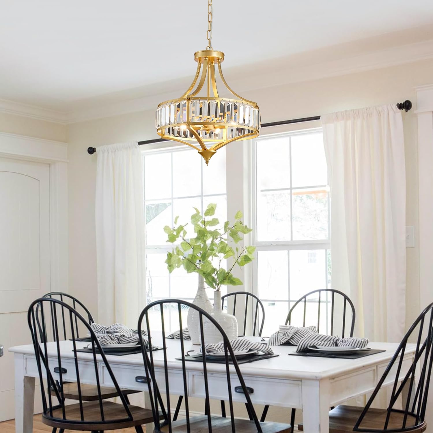 Gold Chandeliers for Dining Room Modern Round Crystal 4 Lights Rustic Pendant Lighting Fixture with Metal Lampshade for Living Room Hallway Bedroom Foyer