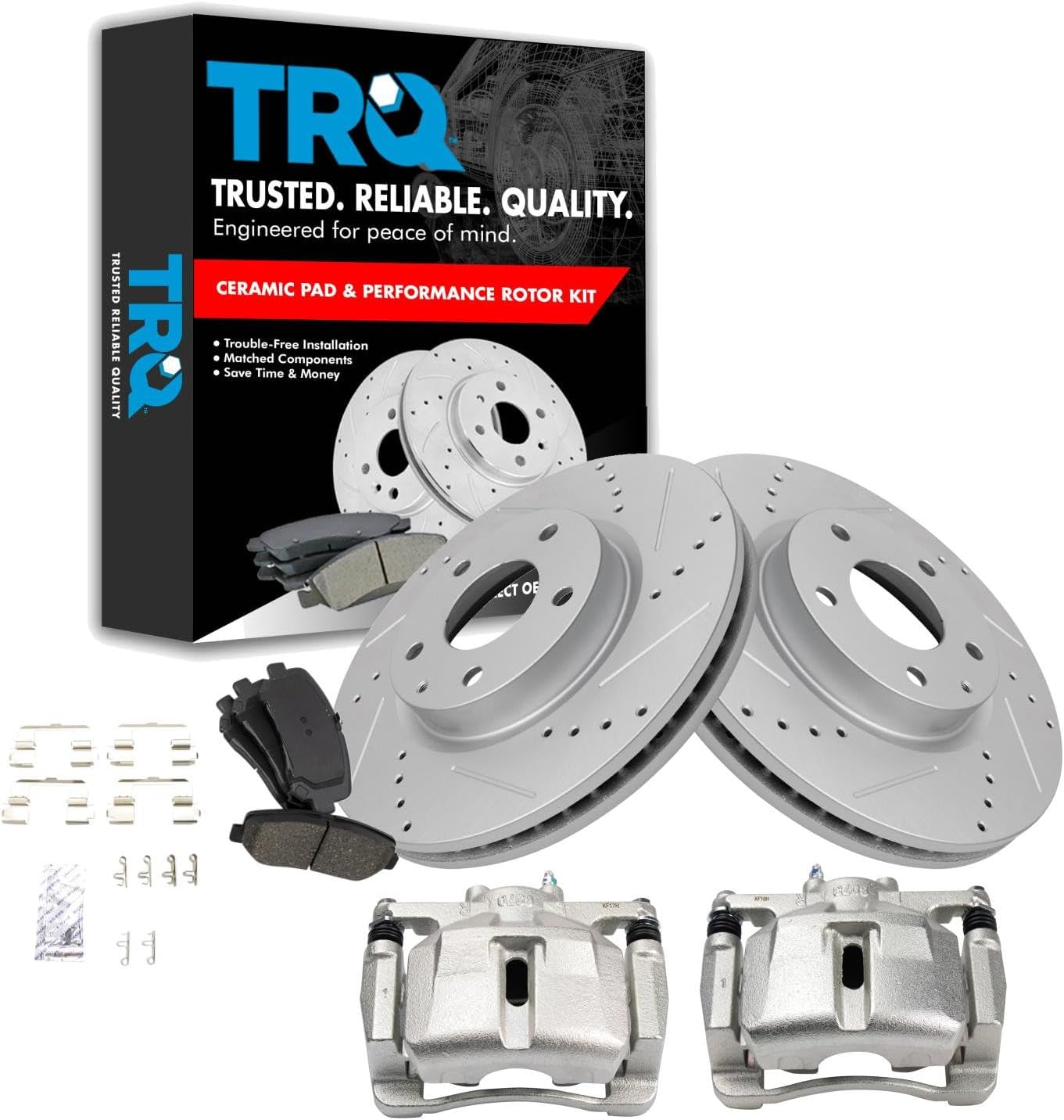 TRQ Performance Front Brake Pad and Rotor Set Ceramic Vented Coated Slotted Drilled Rotors Calipers Compatible with 2013-2015 Mazda CX-5