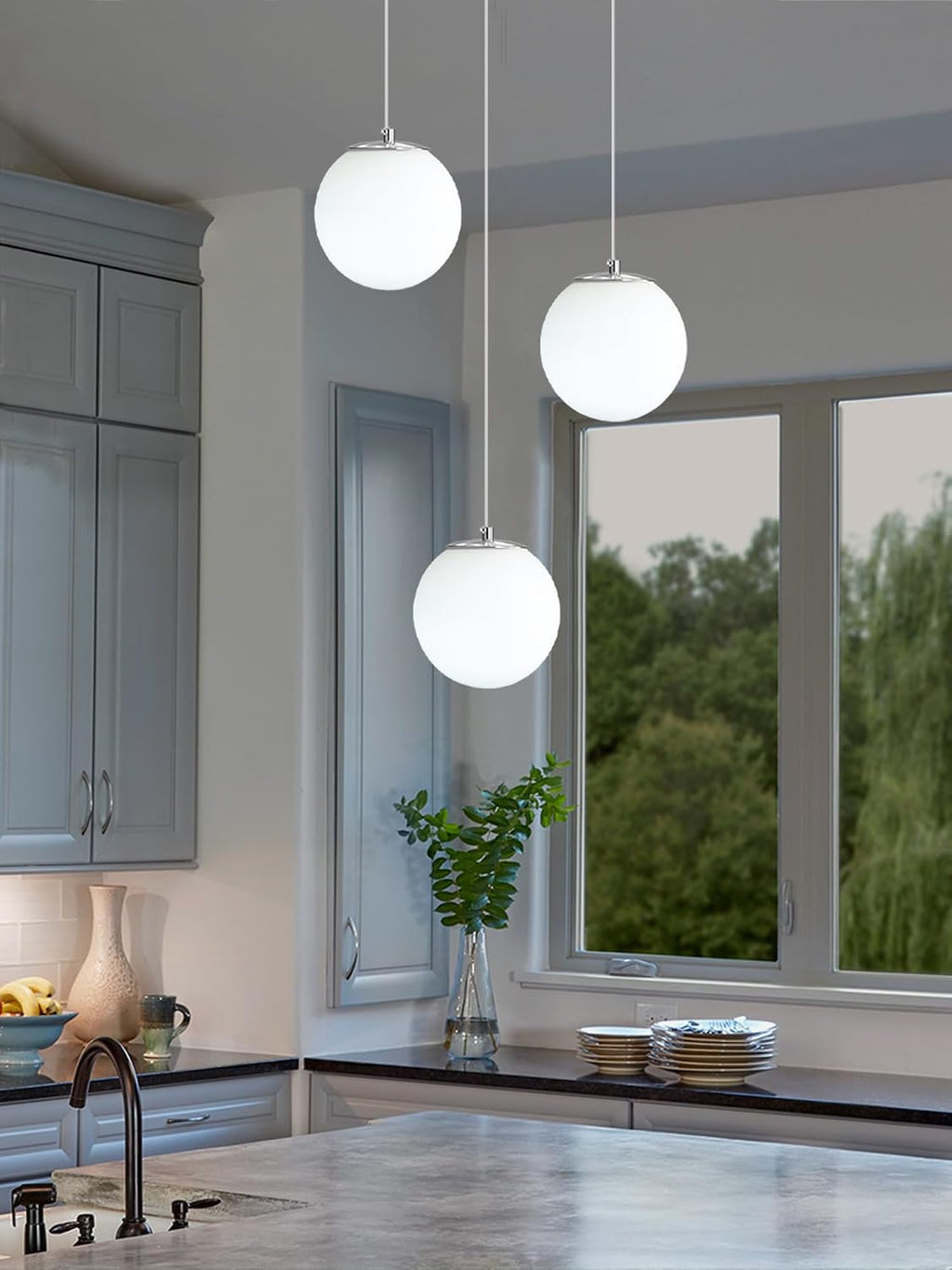 ykolupty 3-Light Globe Pendant Light for Kitchen Island Silver Pendant Light Fixtures with White Glass Globe Hanging Lights for Bedroom,Hallway,Bar