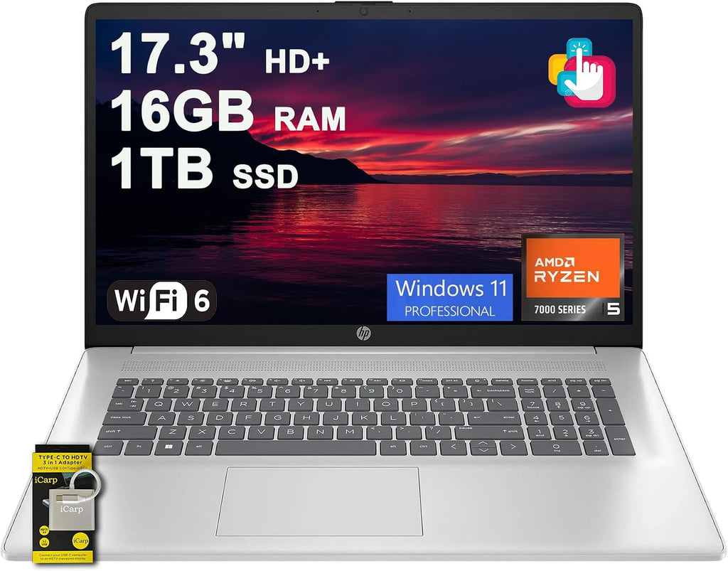 HP 17 Business Laptop 17.3' HD+ Touchscreen AMD 6-core Ryzen 5 7430U (Beats i7-1255U) 16GB RAM 1TB SSD Type-C Fast Charge Long-Lasting Battery Win11Pro ICP Hub