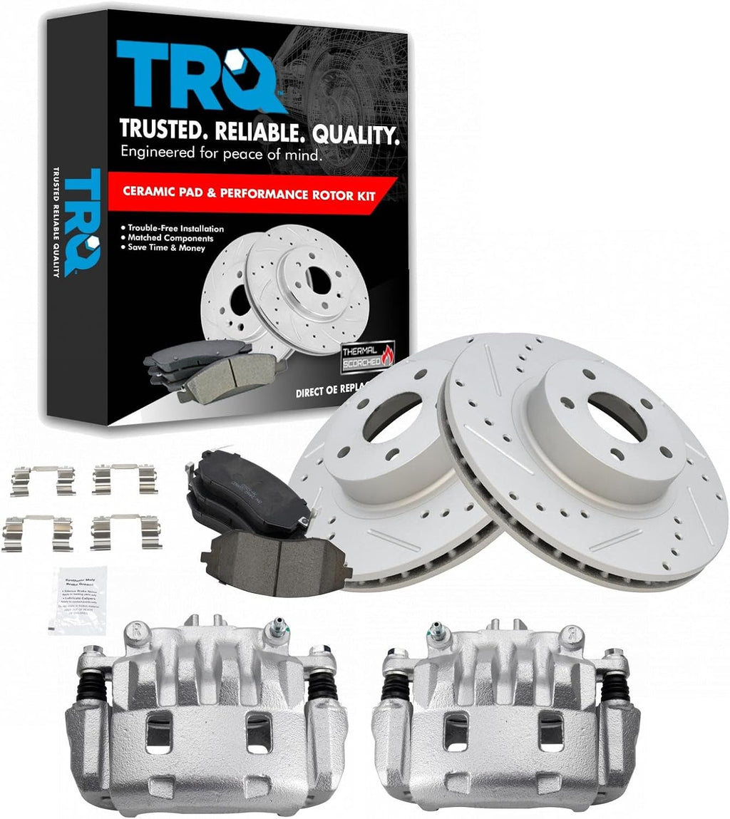 TRQ Performance Front Brake Pad and Rotor Set Ceramic Coated Drilled Slotted Rotors Calipers Compatible with 2005-2006 Saab 9-2X 2002-2010 Subaru Impreza 2003-2005 Legacy