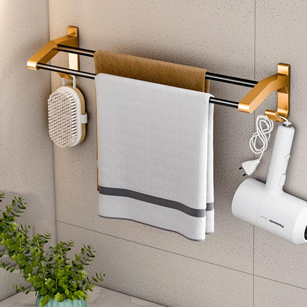 Towel Rack No Drilling Towel Holder with Hook Towel Shelf Adhesive Double Bar Wall Mounted Space Aluminum for Bathroom Kitchen,Gold,60cm Bathroom (Gold 60cm)