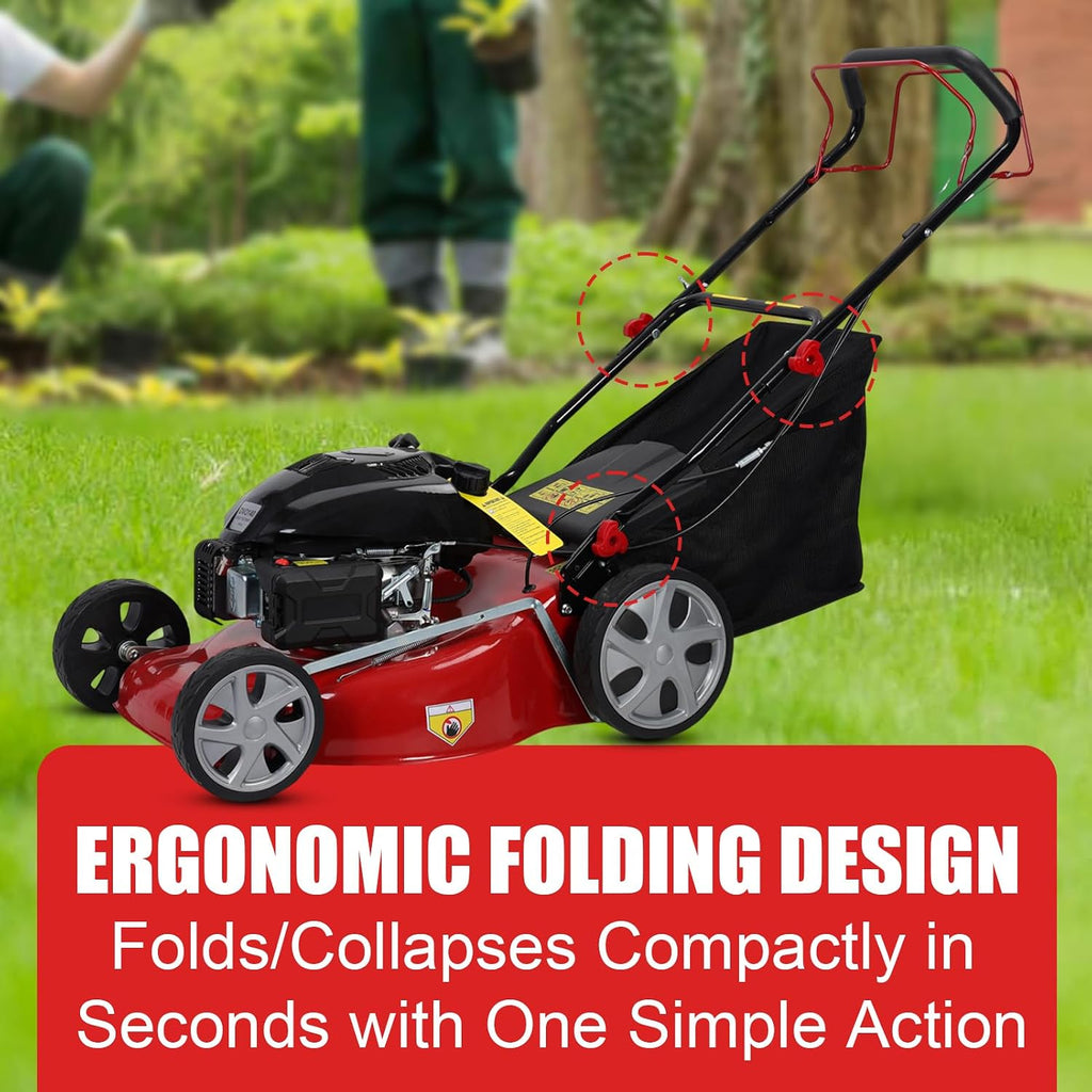 Self Propelled Gas Lawn Mower, 141cc 4-Stroke Push Lawn Mower, 20 Inches Walk-Behind Lawn Mowers, Cordless Lawn Mowers Manual Lawn Mowers with 50L Grass Tank ＆ Big Wheels for Home, Yard, Gard