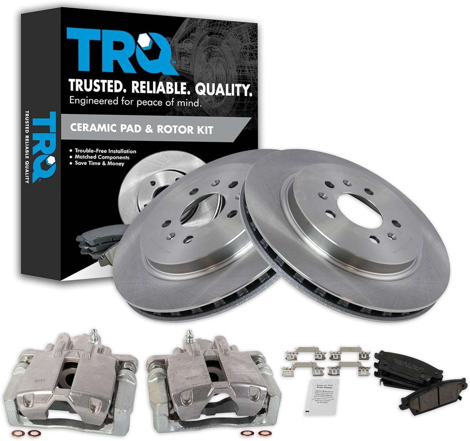 TRQ Rear Brake Pad and Rotor Set Ceramic Vented Rotors Calipers Compatible with 2006-2007 Cadillac CTS 2005-2009 STS